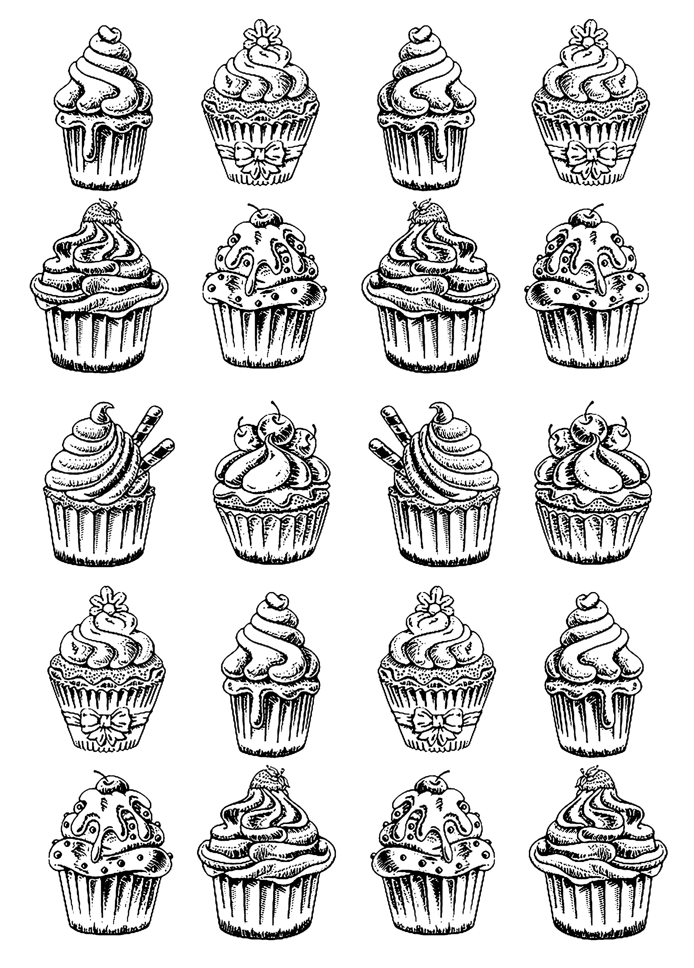 Vingt bons cupcakes - Cupcakes et gâteaux - Coloriages difficiles pour