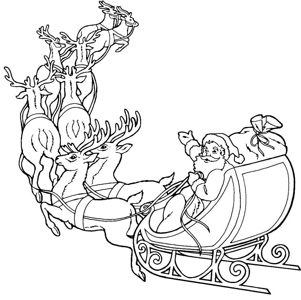 santa and his reindeer coloring pages