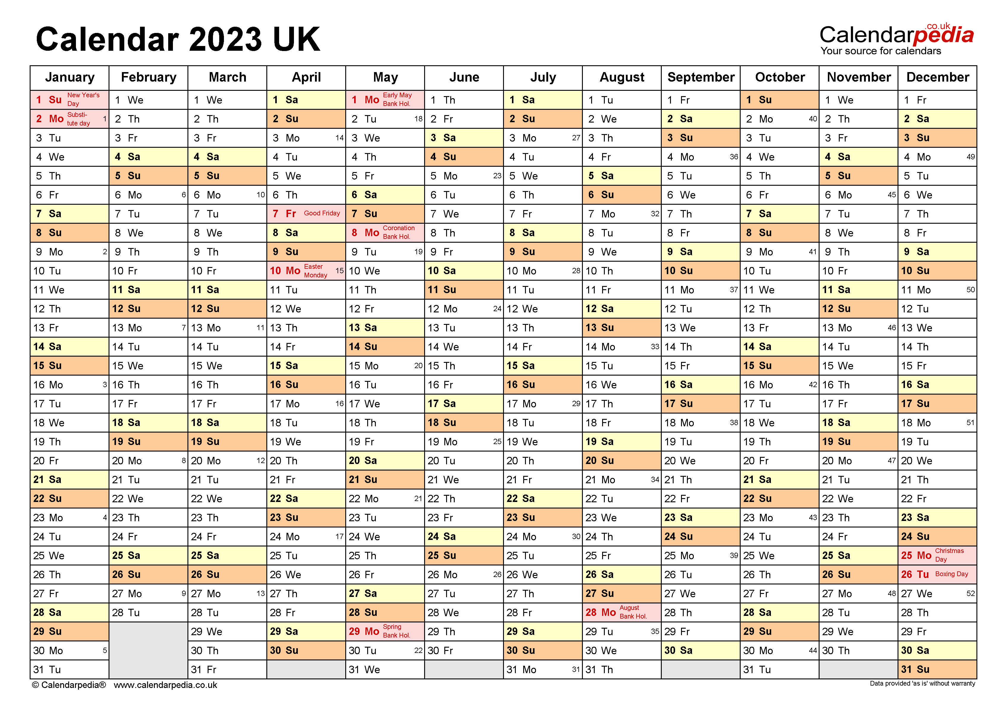 Calendar 2023 (UK) - free printable Microsoft Excel templates