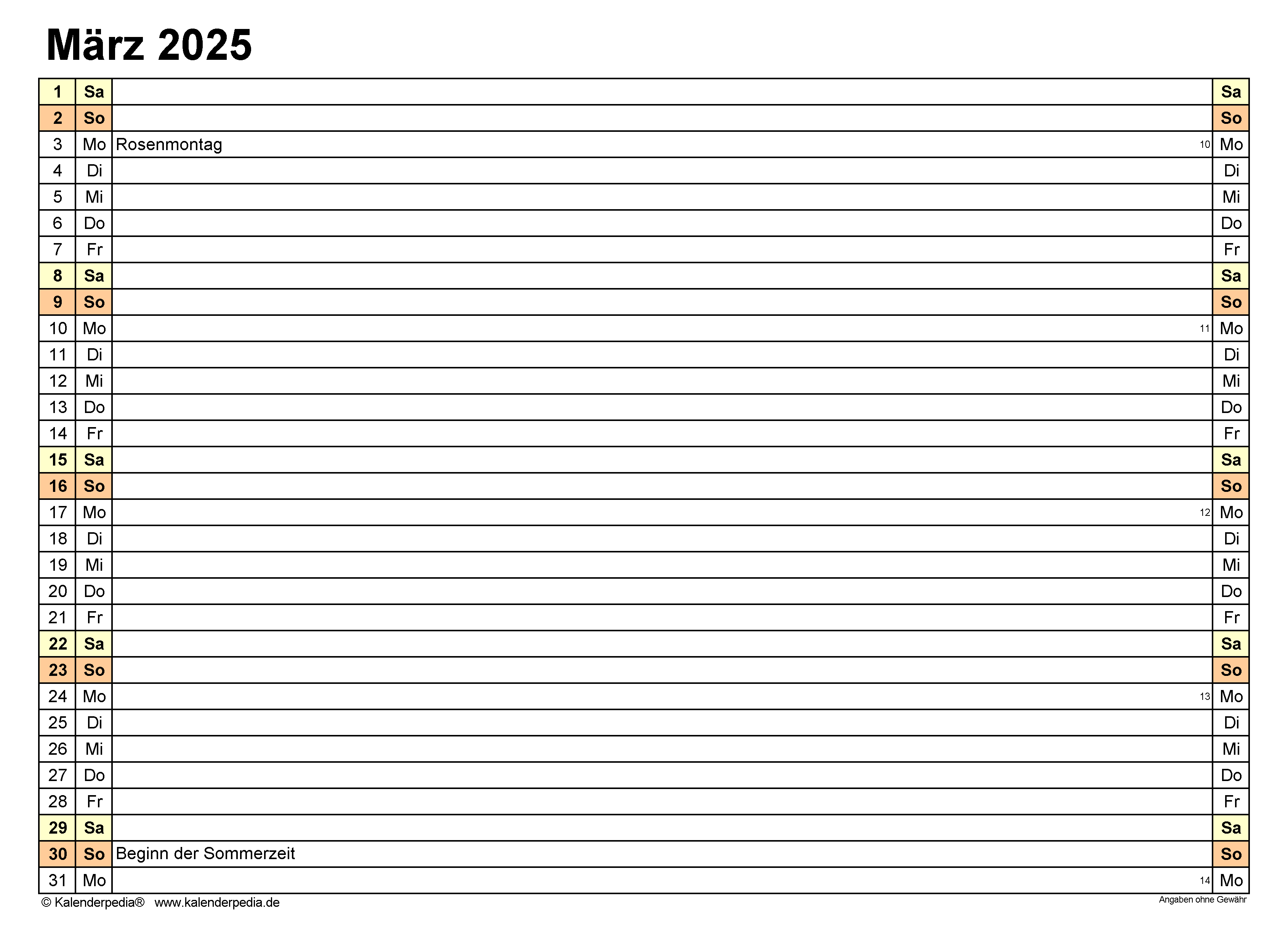 Kalender März 2025 als Excel-Vorlagen