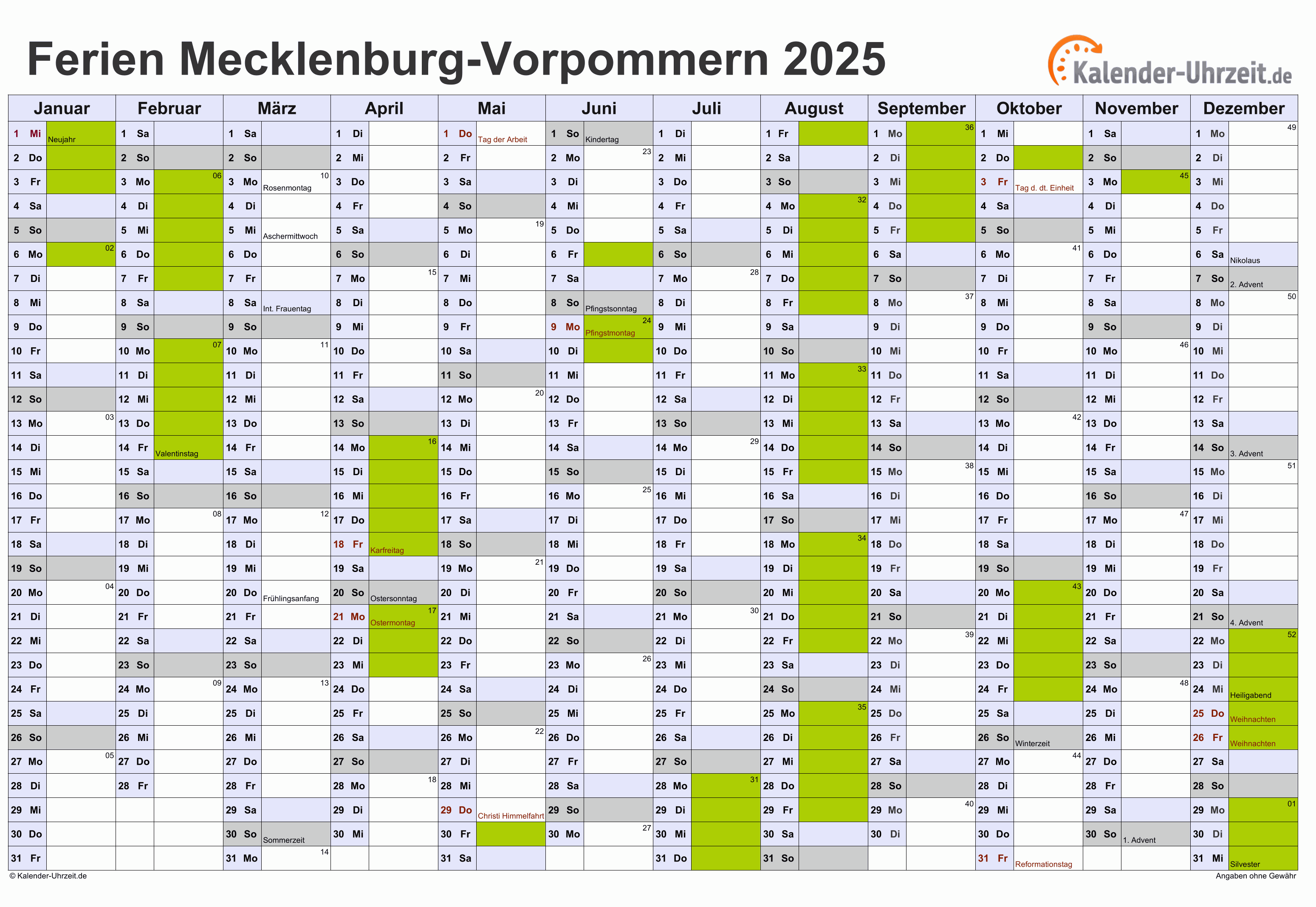 Ferien Meck.-Pomm. 2025 - Ferienkalender zum Ausdrucken