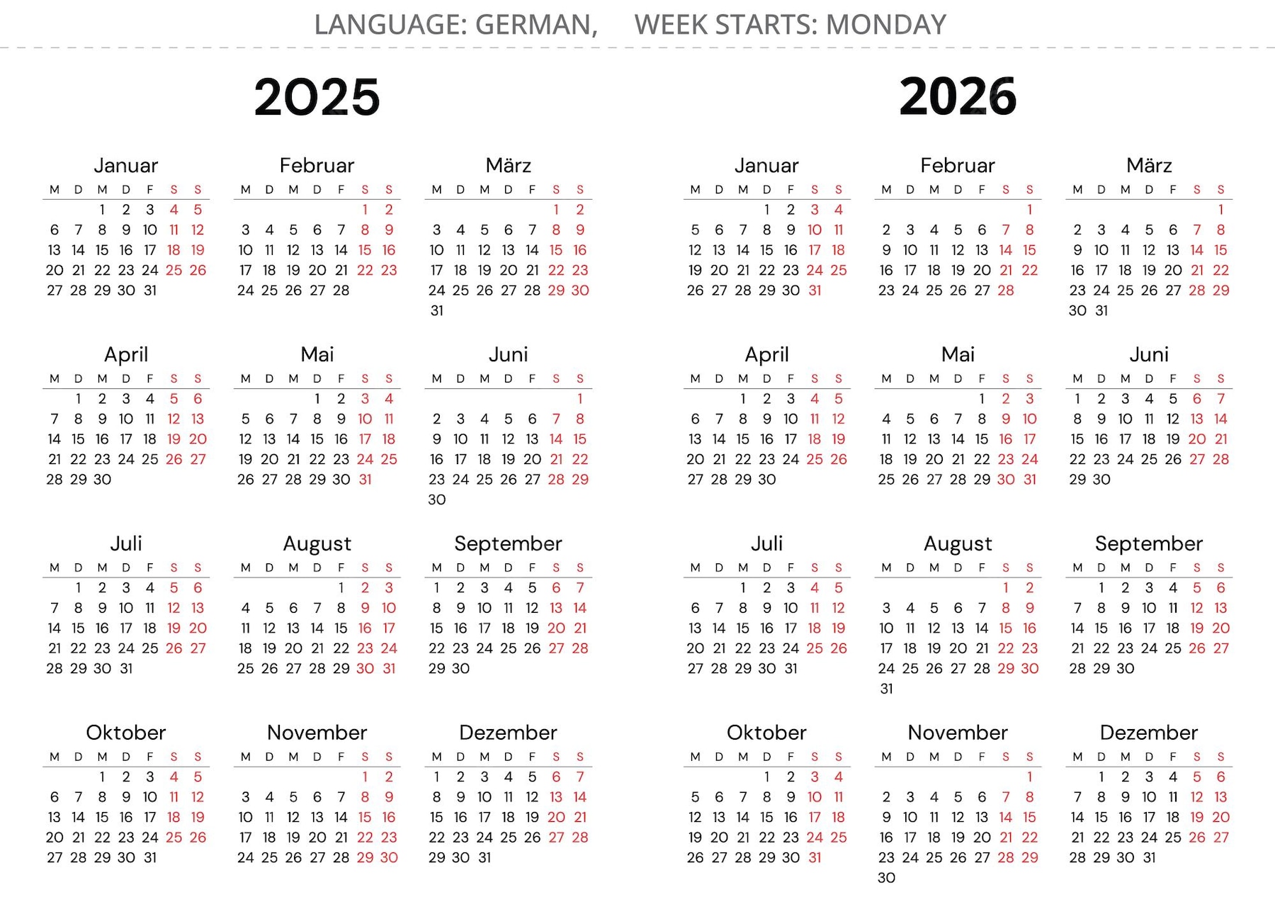  2025 and 2026 german calendars Printable vector 
