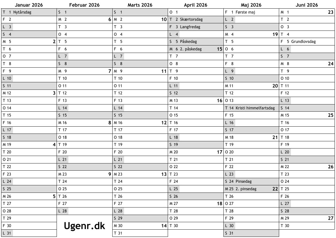 Kalender for 2026 med helligdage og ugenumre … ugekalender, online Illustration 