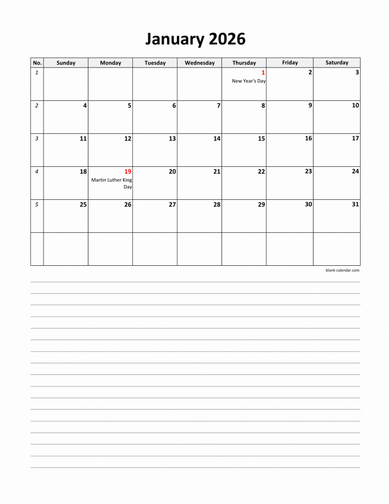  Free Download 2026 Excel Calendar, large day boxes, space for notes Illustration 