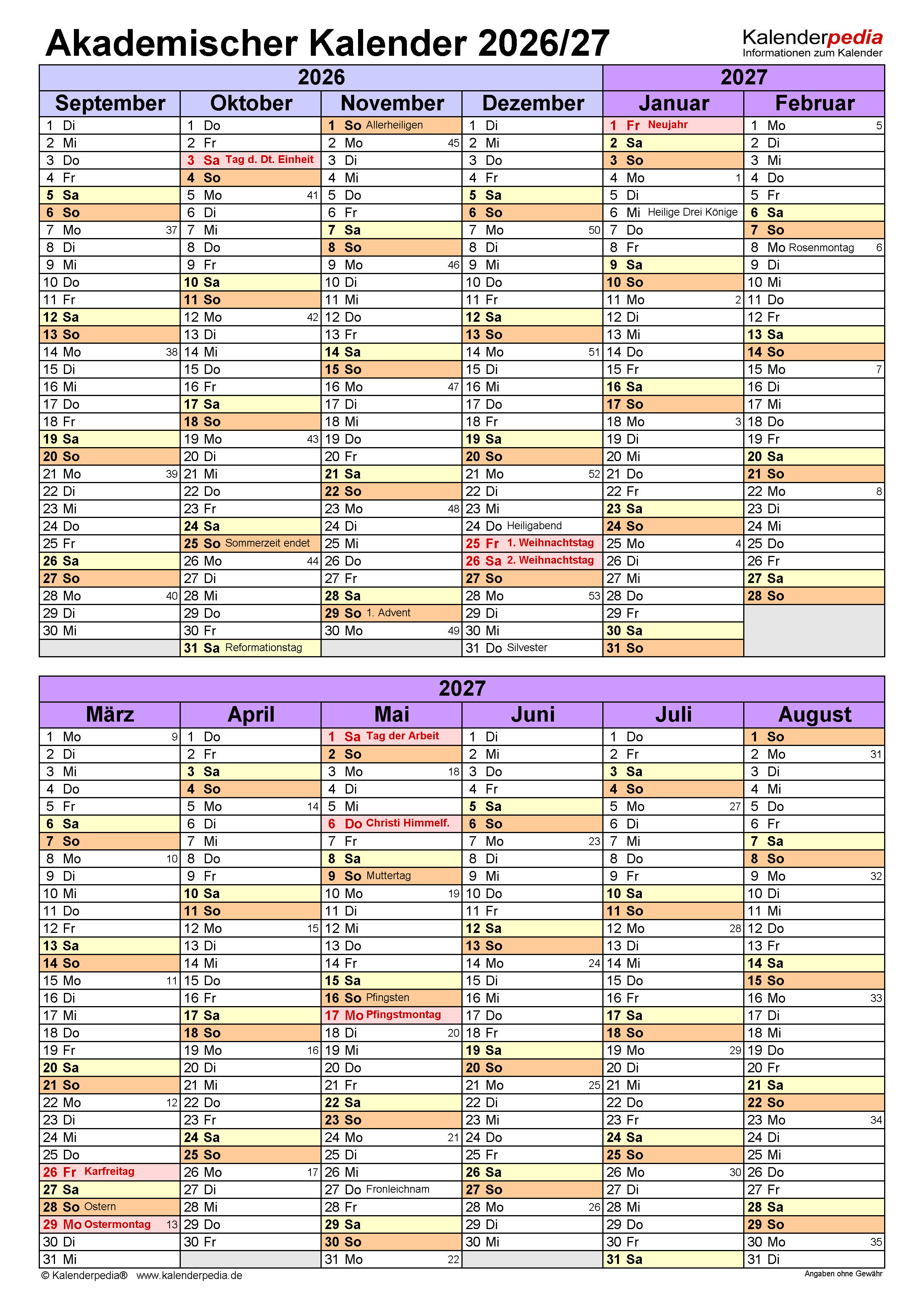  Akademischer Kalender 2026/2027 als PDF-Vorlagen 