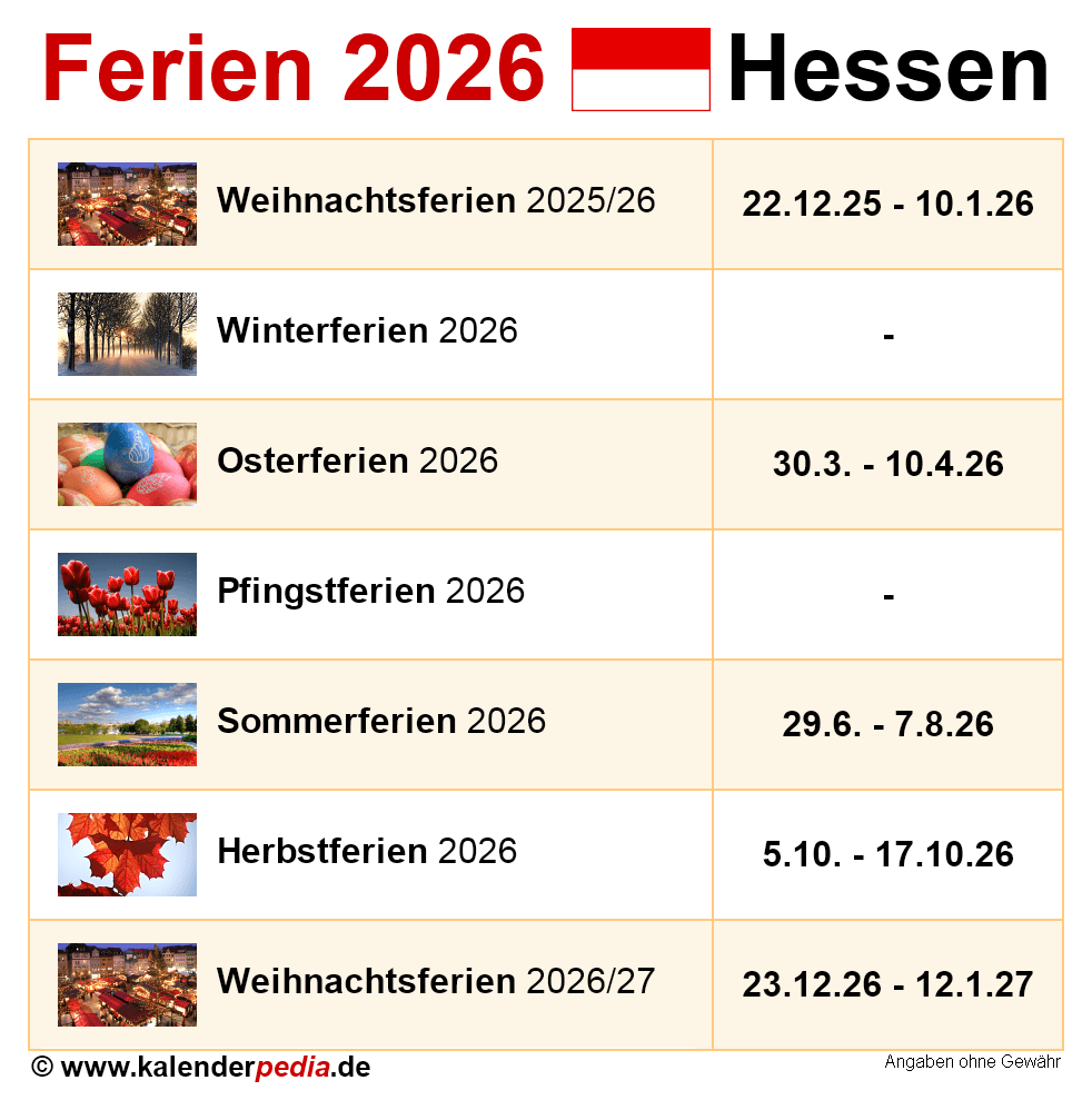  Ferien Hessen 2026 - Übersicht der Ferientermine Bildidee 
