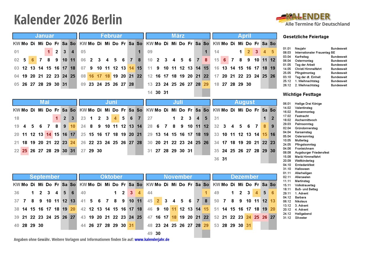  Kalender 2026 Berlin PDF und JPG im DIN A4-Querformat Fertig zum Illustration 