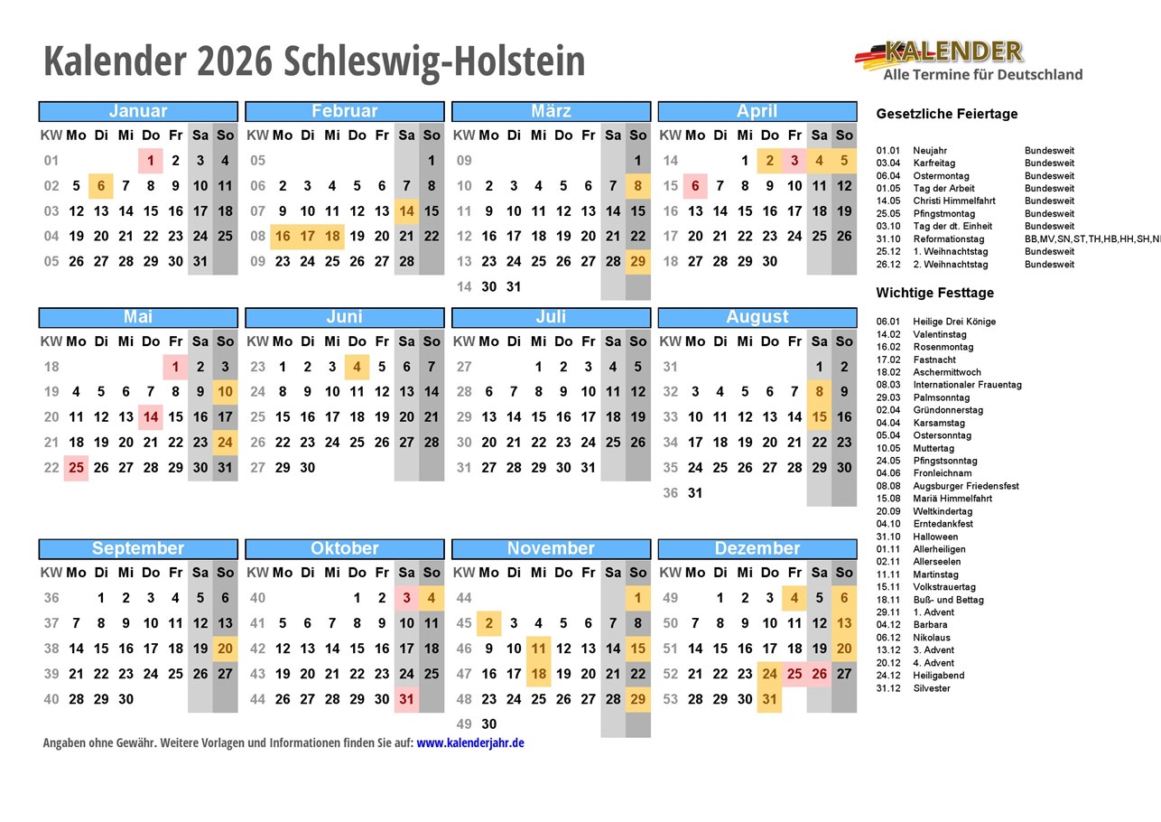  Kalender 2026 Schleswig-Holstein mit Feiertagen Illustration 
