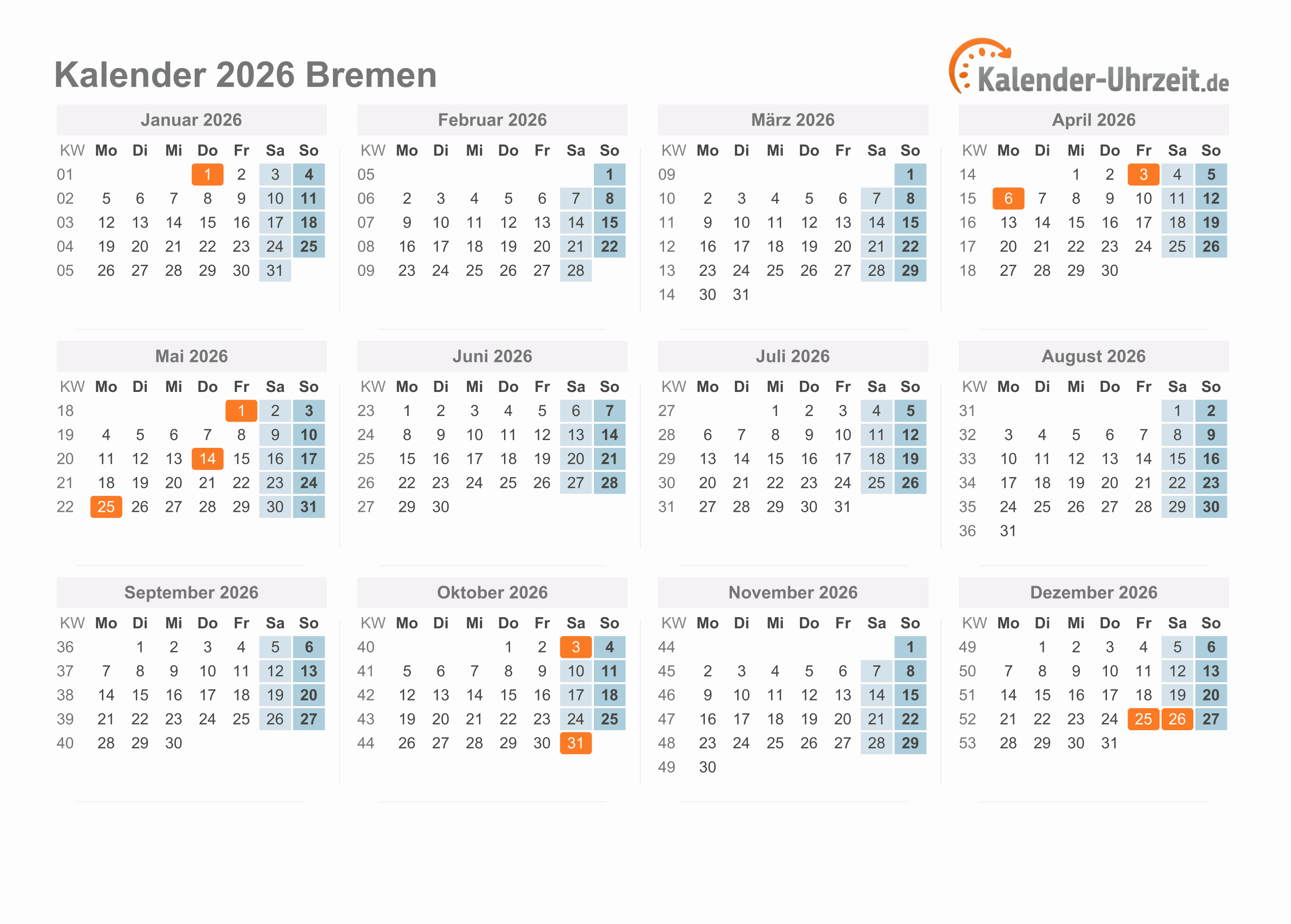  Feiertage 2026 Bremen + Kalender Bildidee 