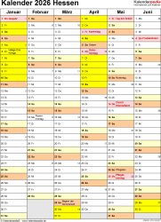 Kalender 2026 Hessen: Ferien, Feiertage, Excel-Vorlagen Motiv 