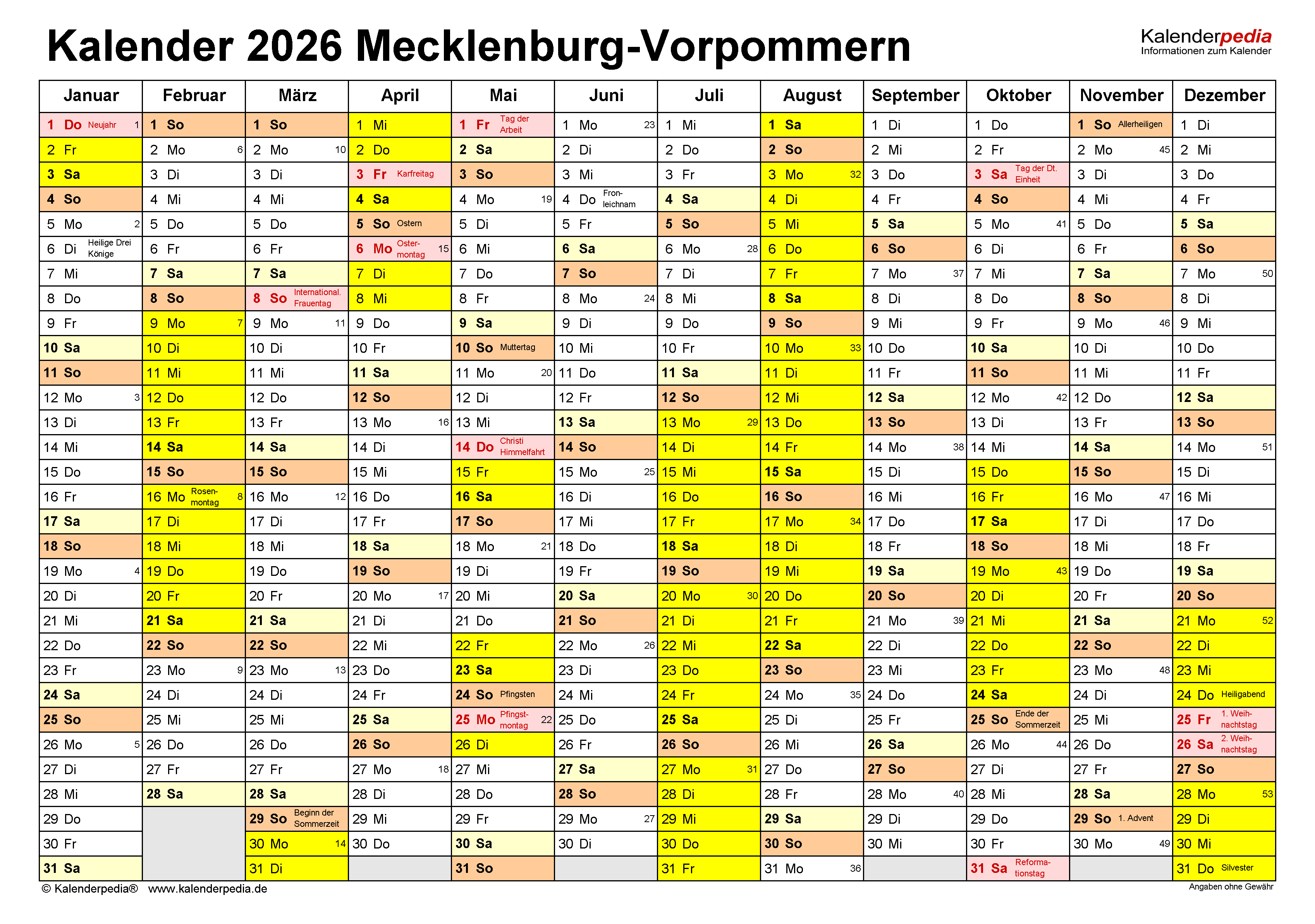  Kalender 2026 Mecklenburg-Vorpommern: Word-Vorlagen mit Ferien Motiv 