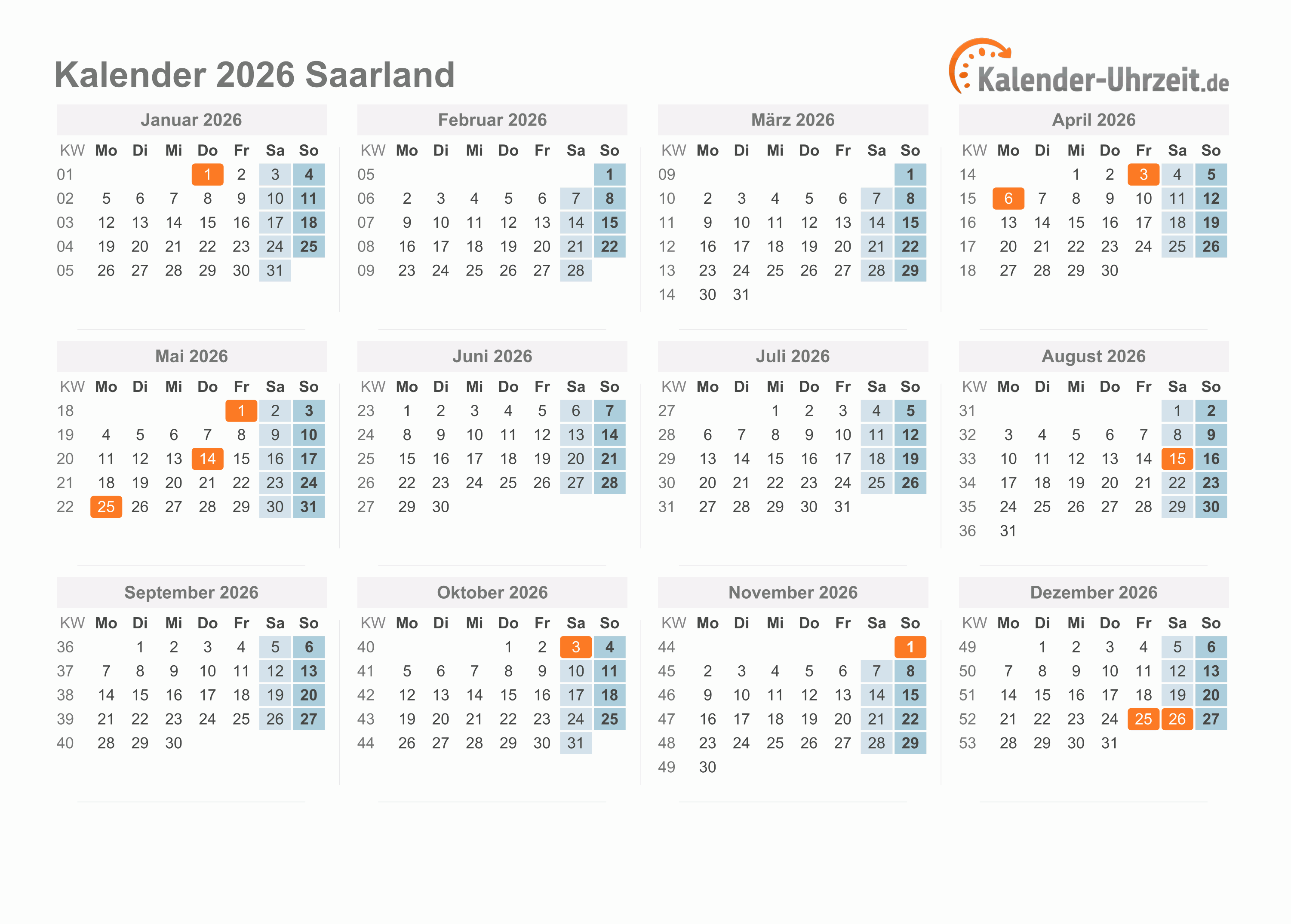  Foto zu Feiertage 2026 Saarland + Kalender 