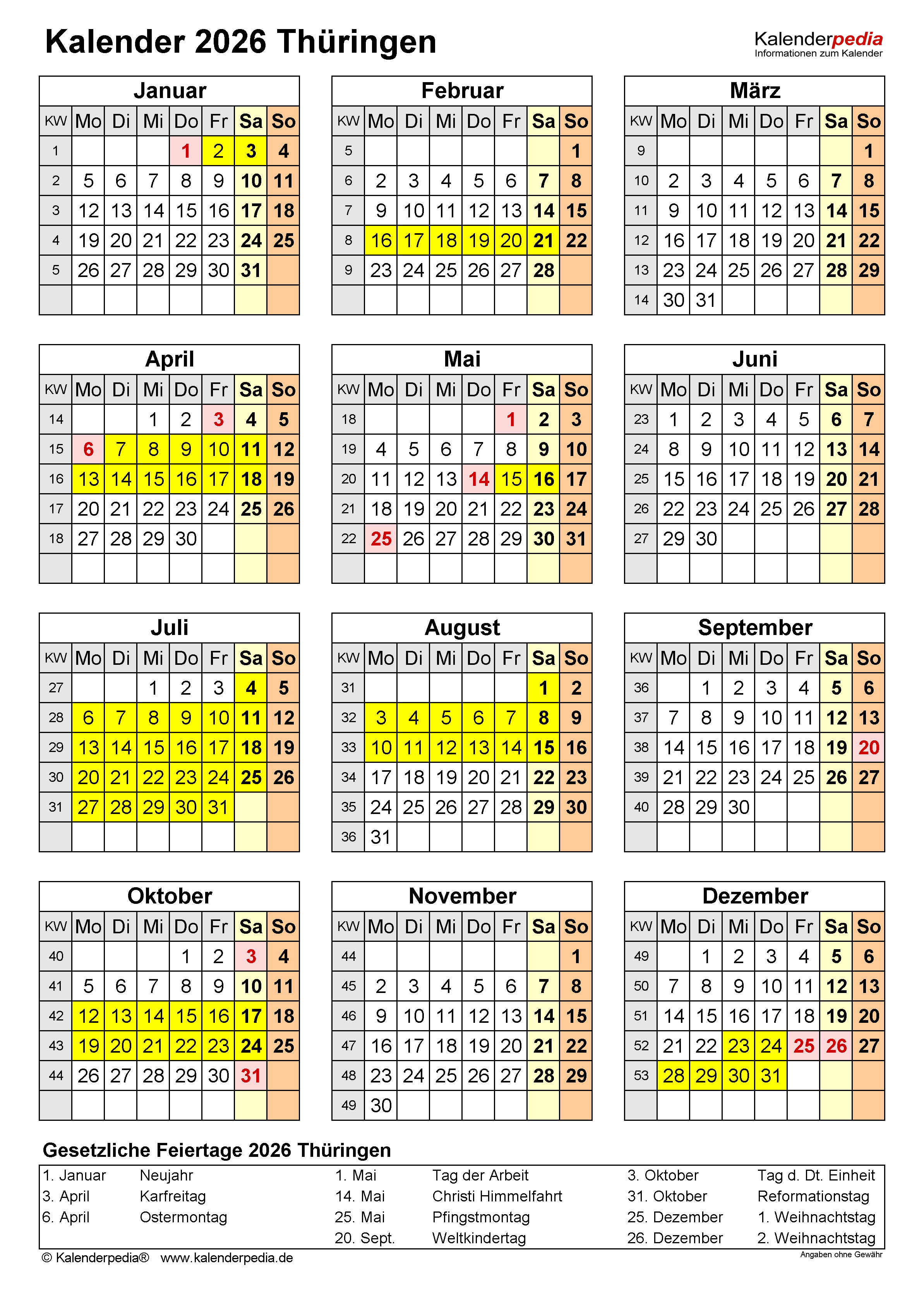  Kalender 2026 Thüringen: Ferien, Feiertage, PDF-Vorlagen 