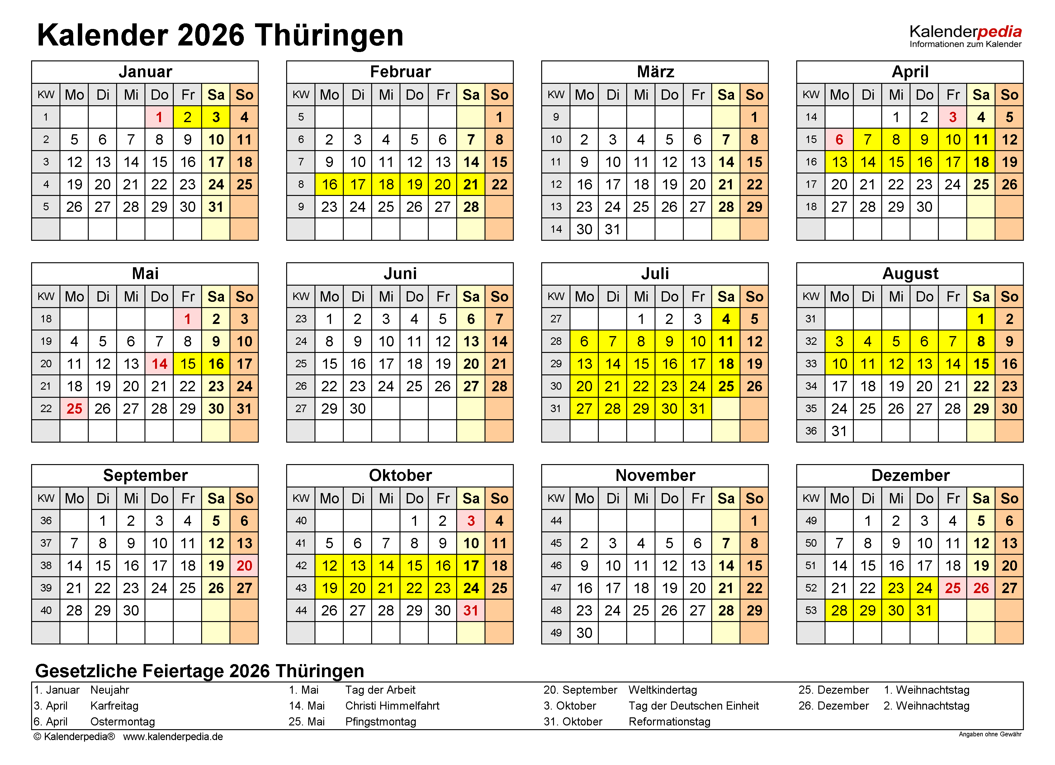  Kalender 2026 Thüringen: Ferien, Feiertage, Excel-Vorlagen 