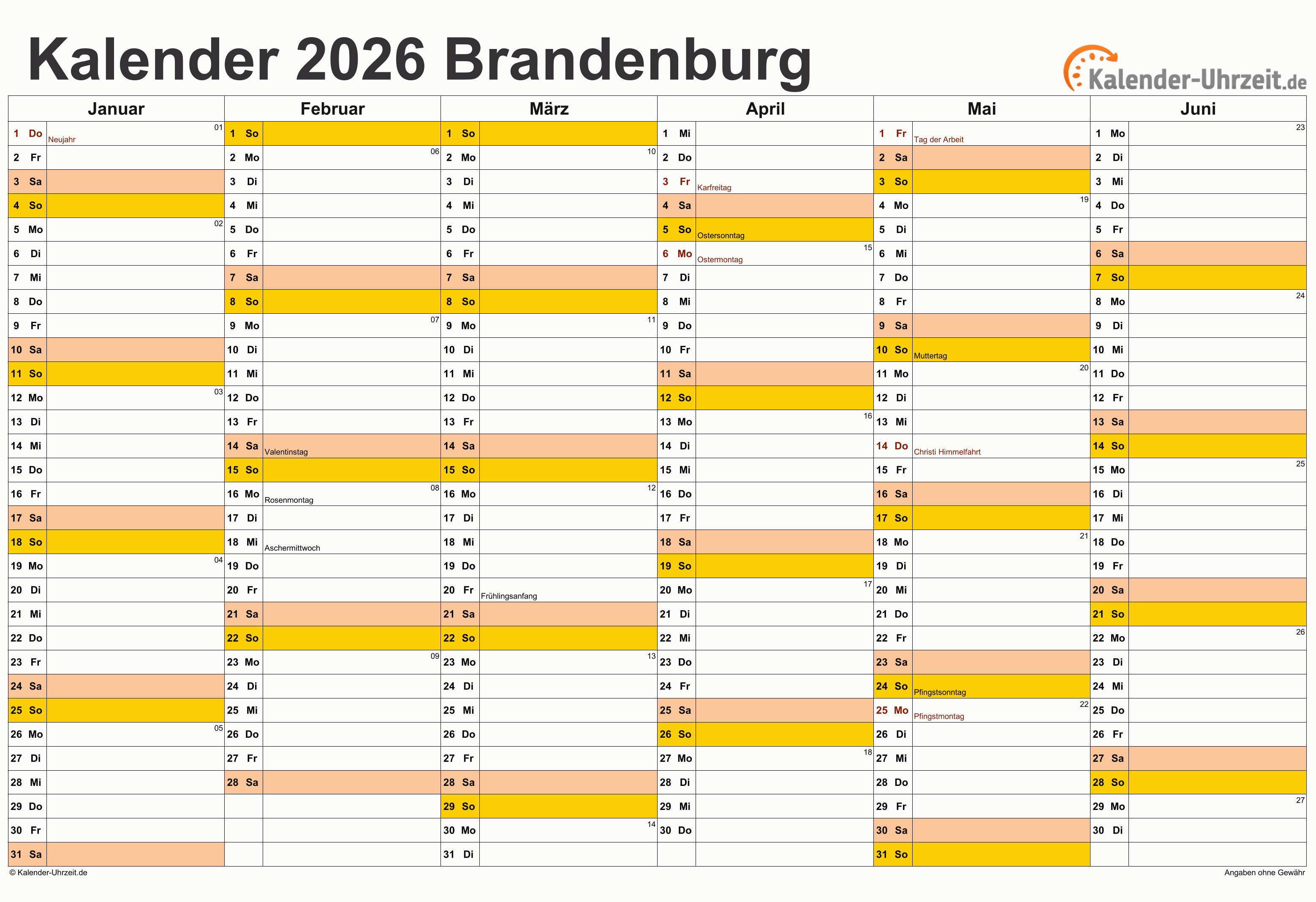  Feiertage 2026 Brandenburg + Kalender Motiv 
