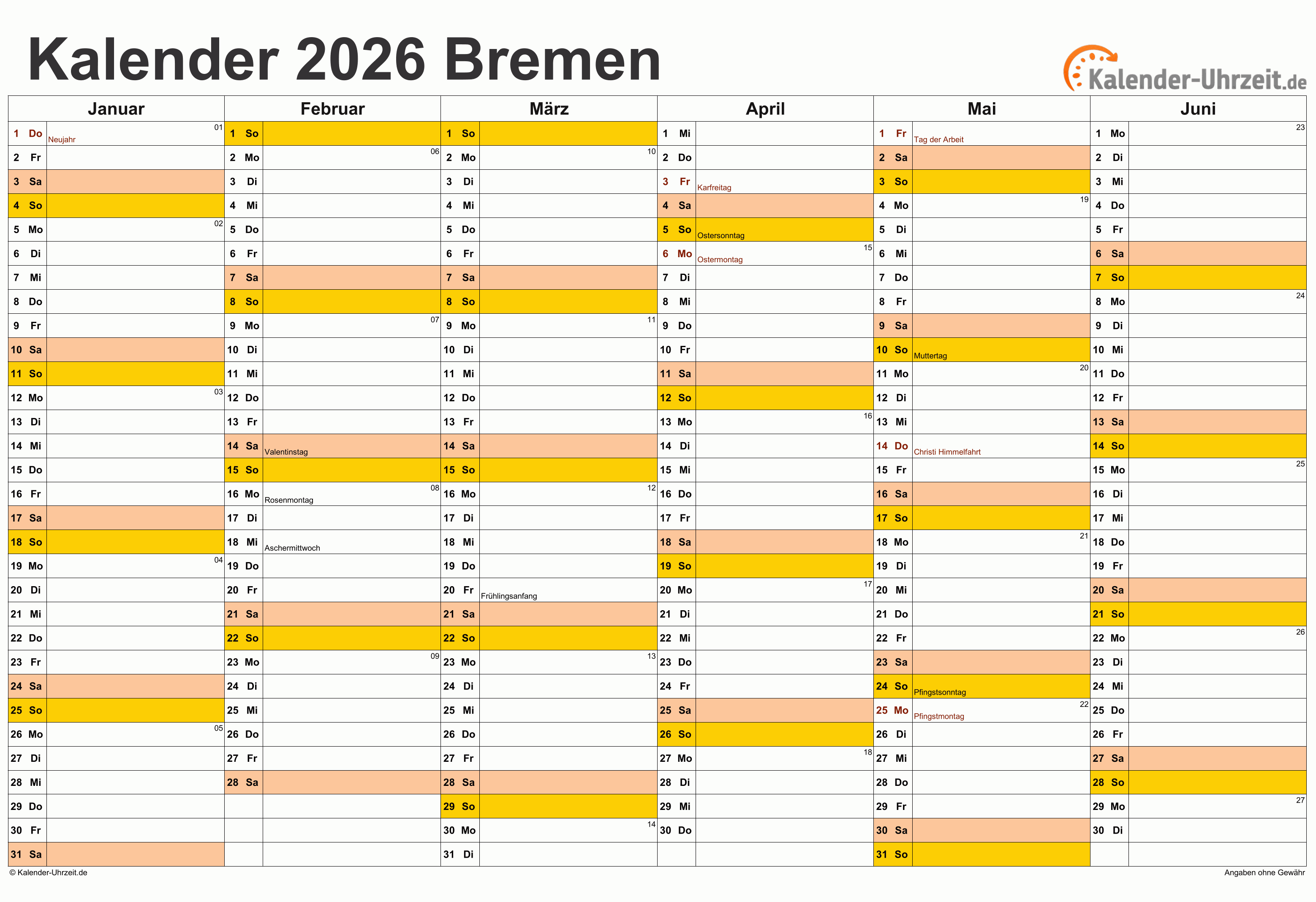 Feiertage 2026 Bremen + Kalender Motiv 