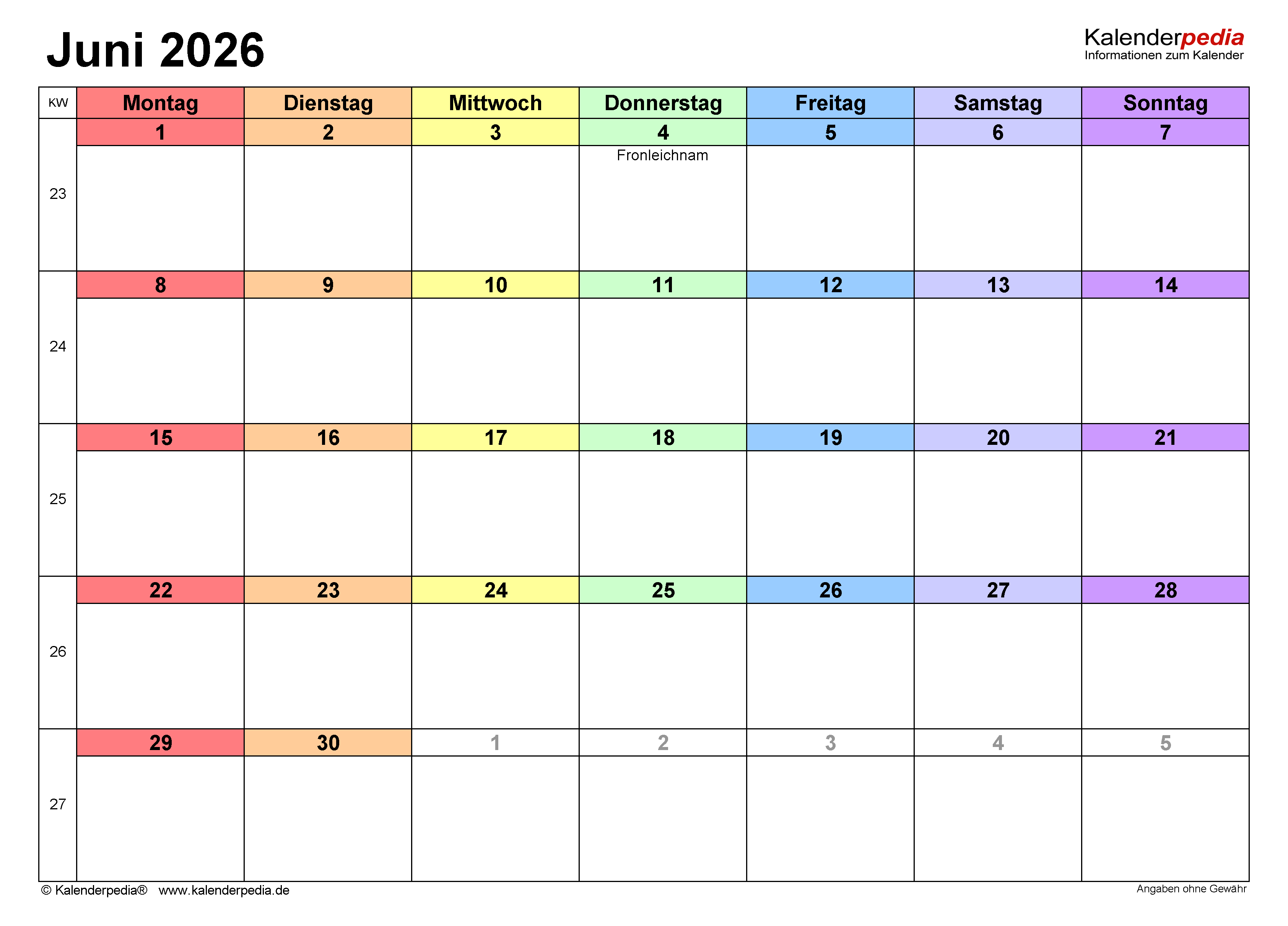  Kalender Juni 2026 als Excel-Vorlagen Bildidee 