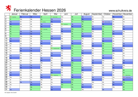  Foto zu Schulferien-Kalender Hessen 2026 mit Feiertagen und Ferien 