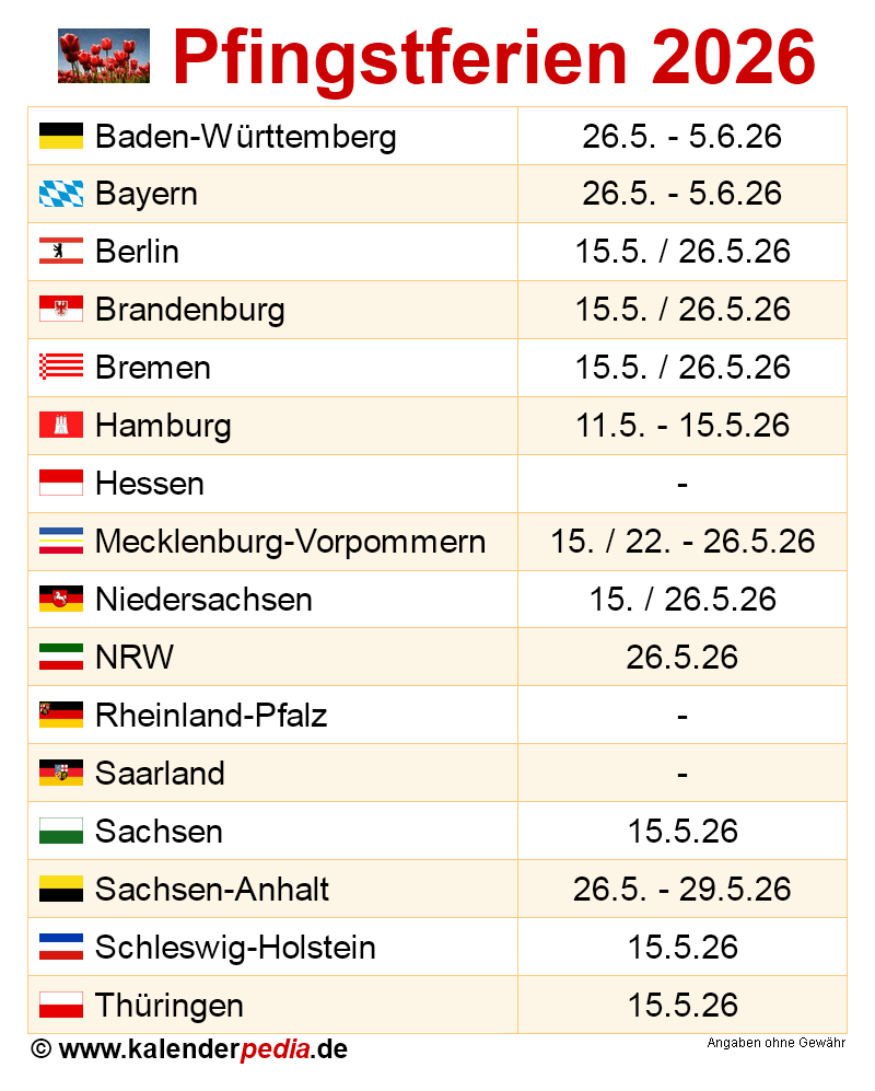  Foto zu Pfingstferien 2026 in Deutschland (alle Bundesländer) 