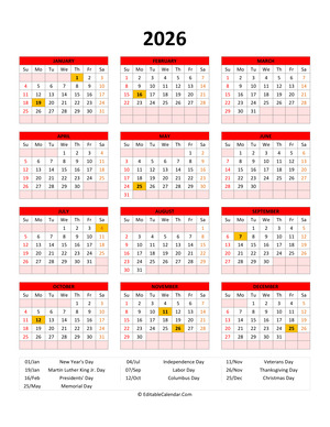  Editable 2026 Calendar With with Holidays Motiv 