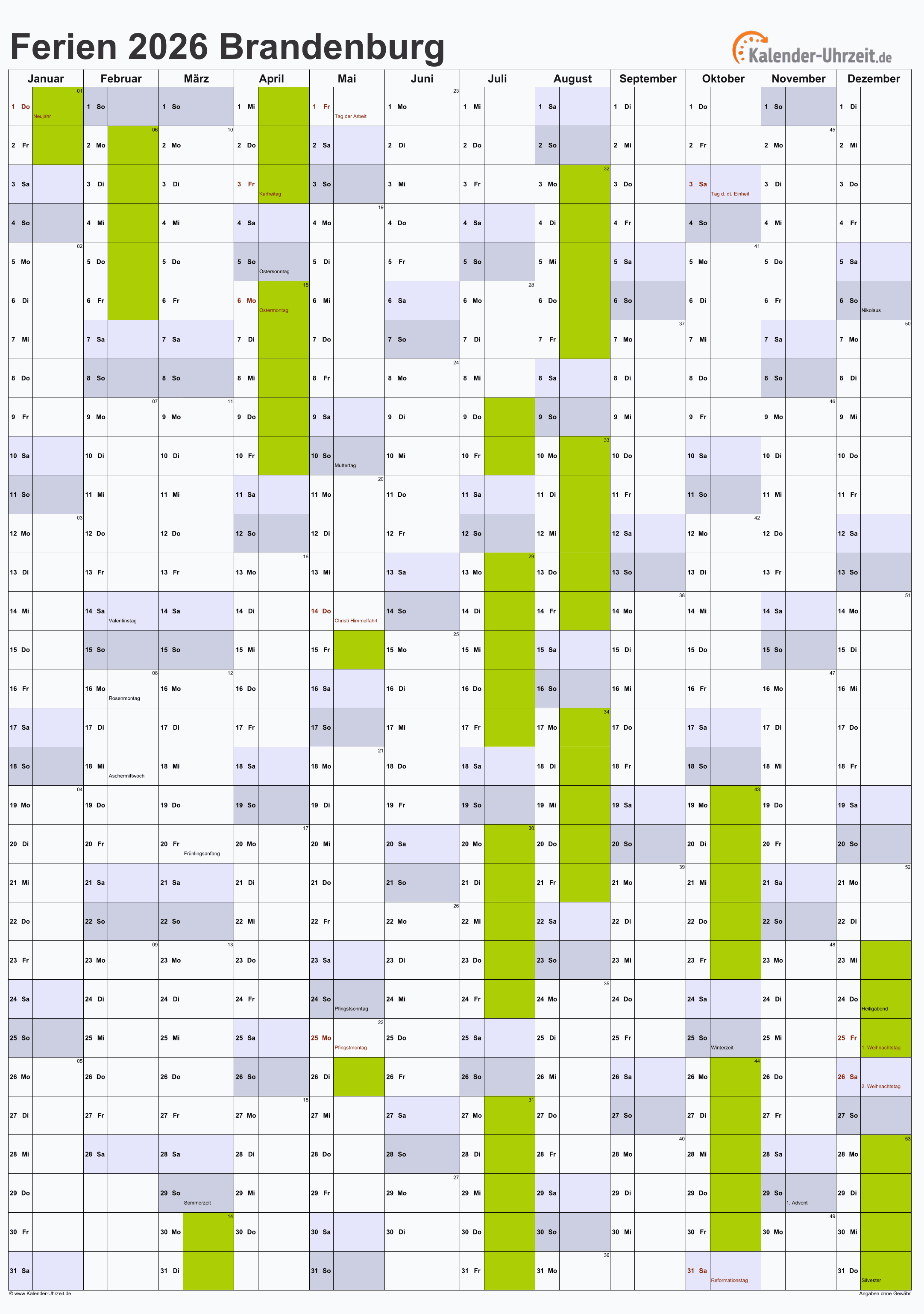  Ferien Brandenburg 2026 - Ferienkalender zum Ausdrucken Illustration 