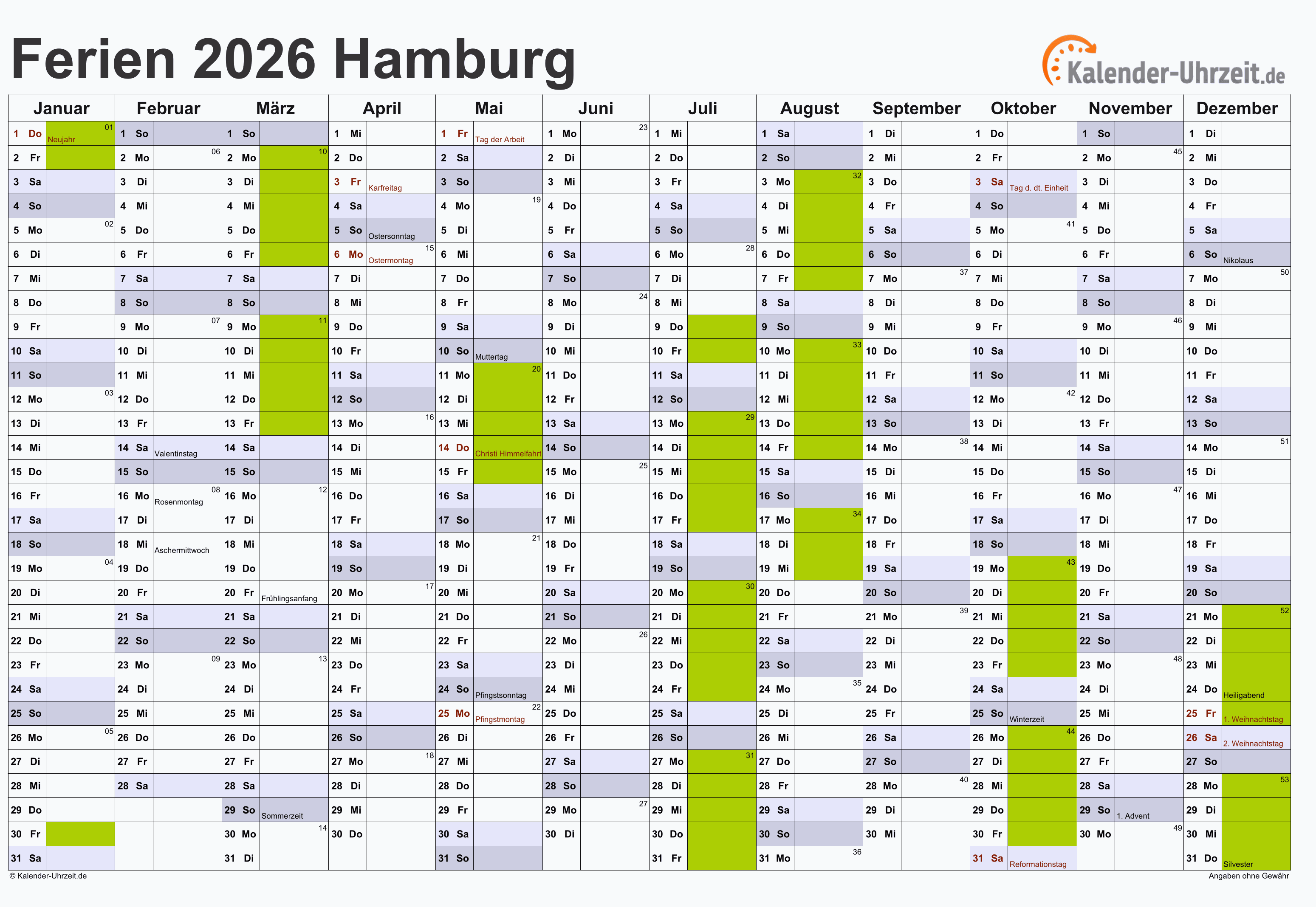  Ferien Hamburg 2026 - Ferienkalender zum Ausdrucken Motiv 