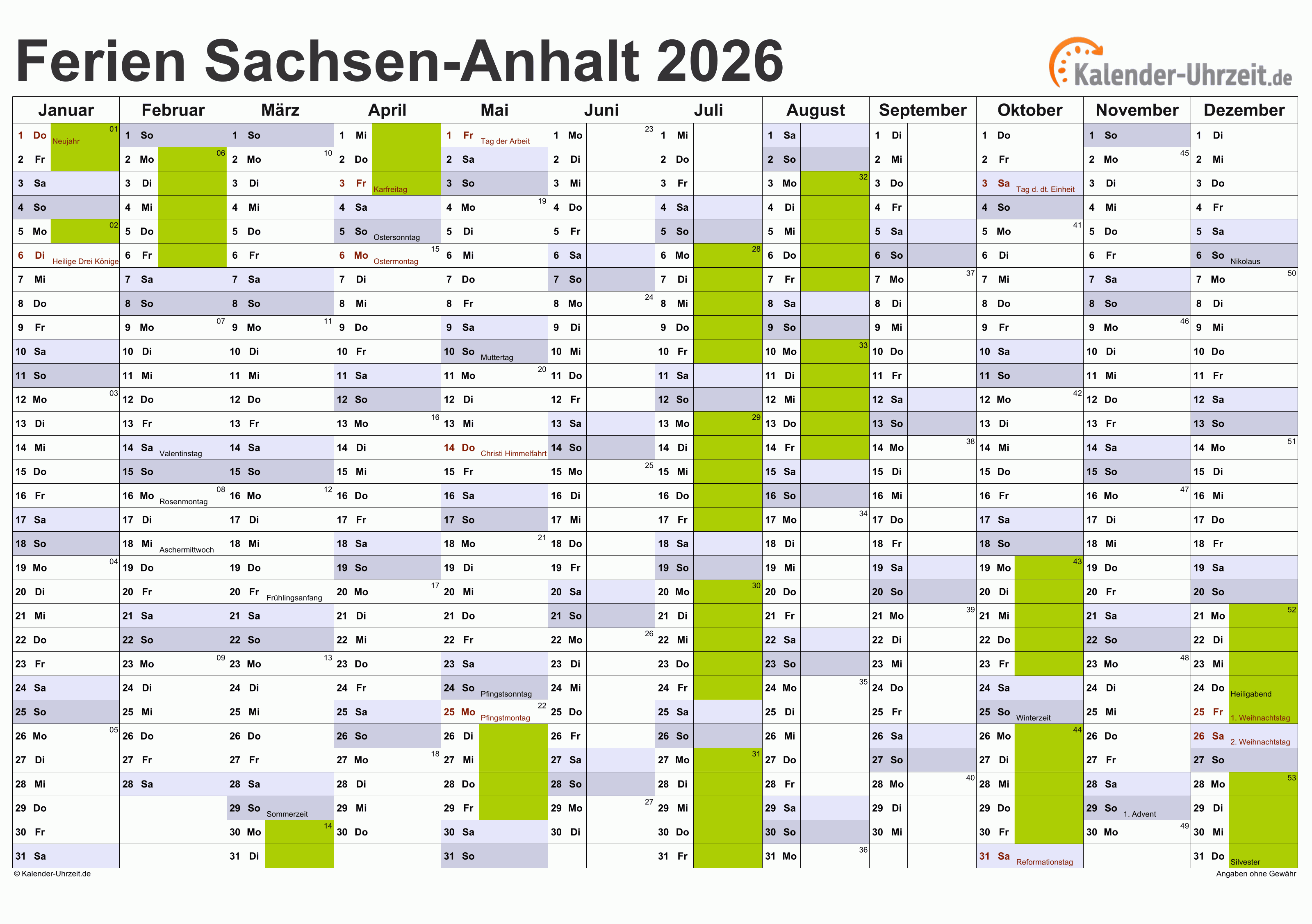  Ferien Sachsen-Anhalt 2026 - Ferienkalender zum Ausdrucken 