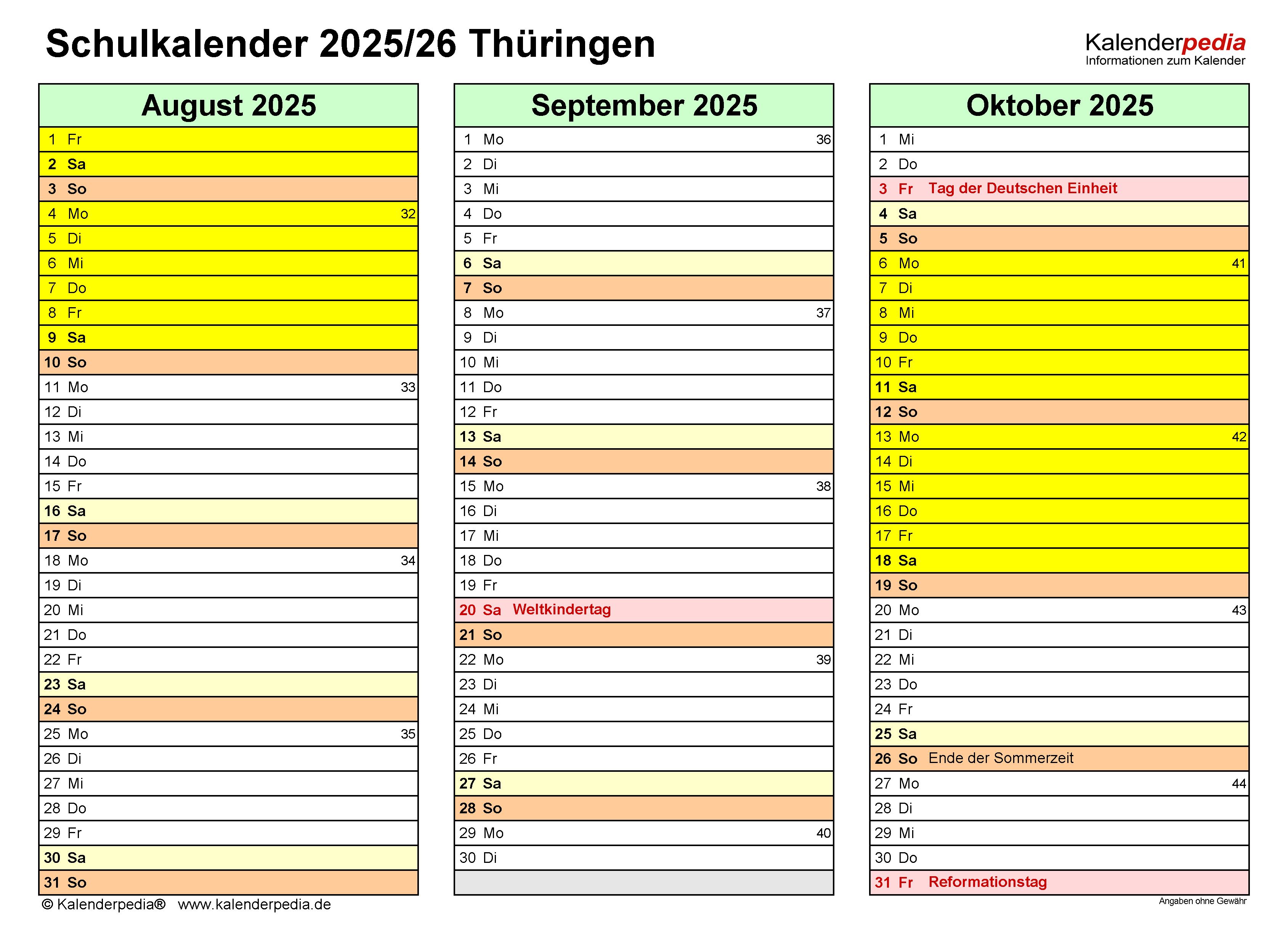  Schulkalender 2025/2026 Thüringen für Excel Motiv 