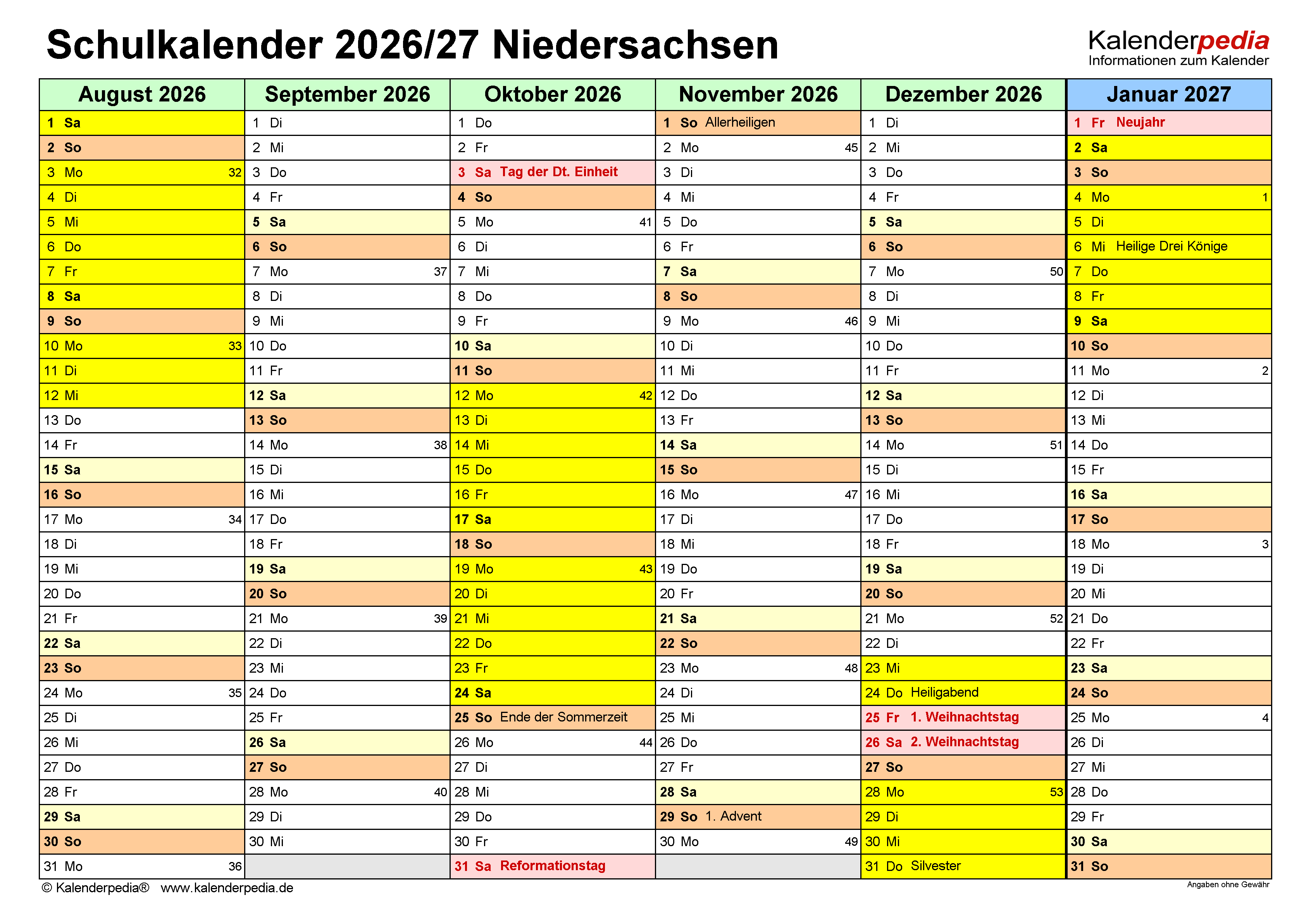  Foto zu Schulkalender 2026/2027 Niedersachsen für PDF 