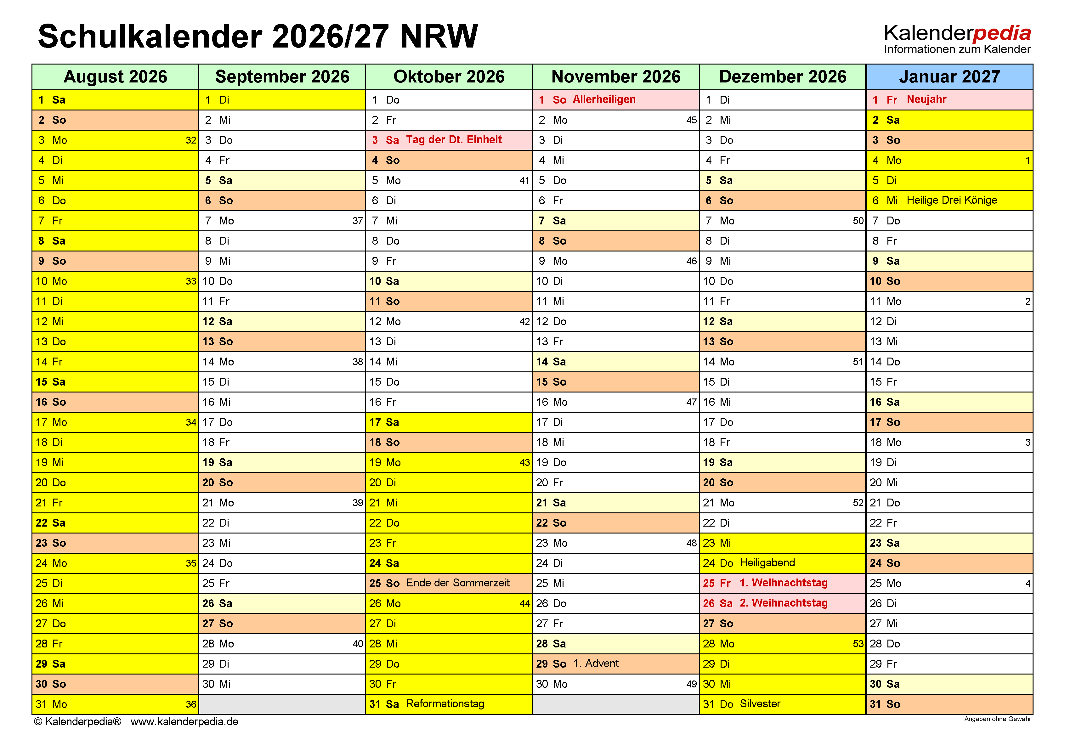 Schulkalender 2026/2027 NRW für Excel Bildidee 
