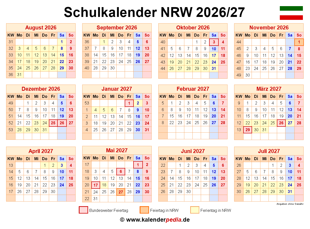  Schulkalender 2026/2027 NRW für PDF Bildidee 