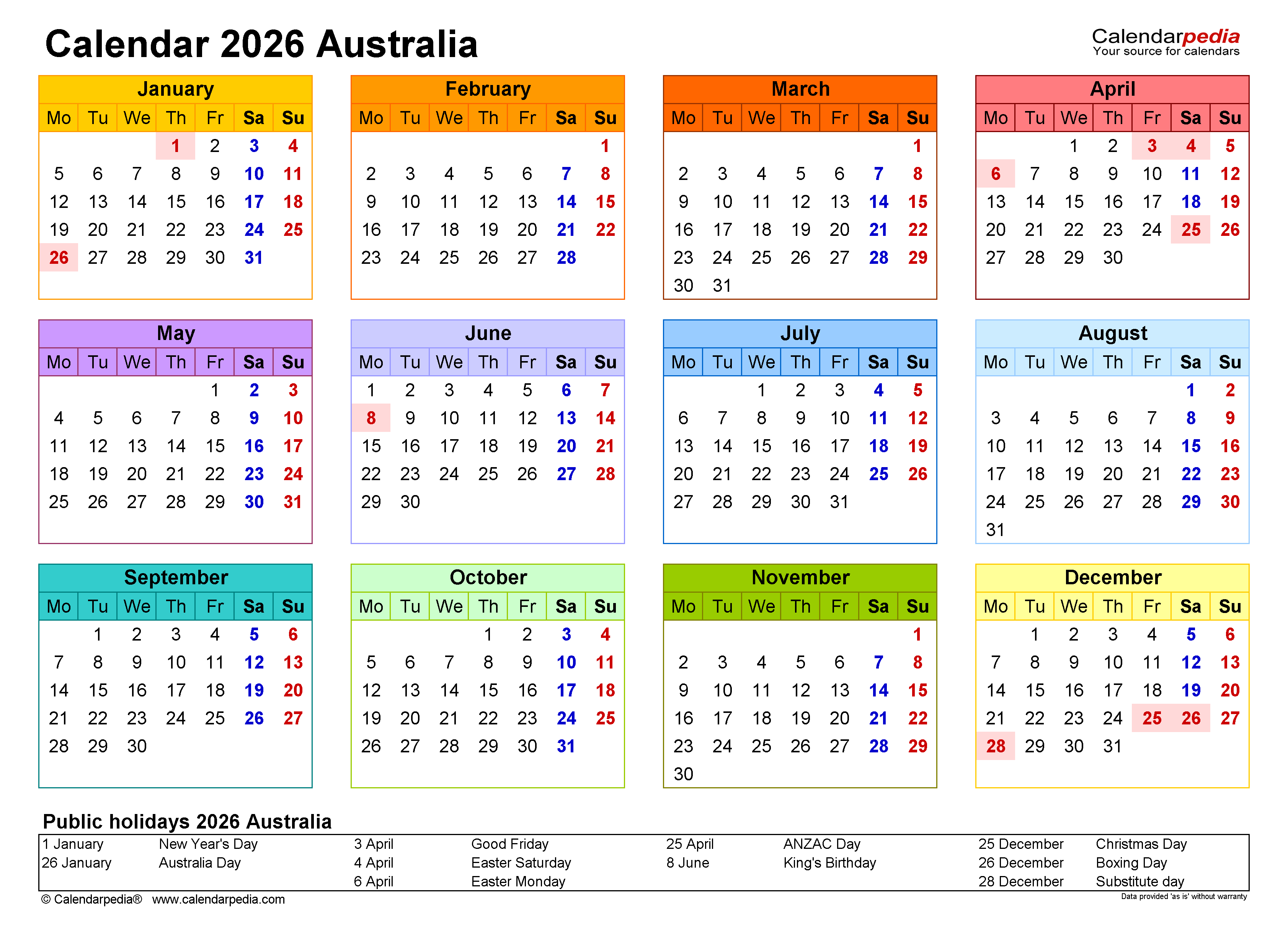  Australia Calendar 2026 - Free Printable PDF templates Illustration 