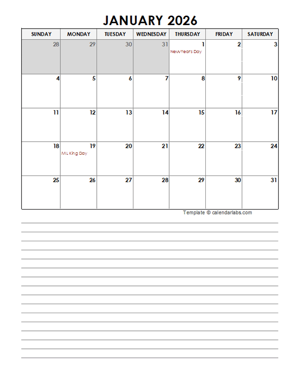  2026 Monthly Excel Template Calendar - Free Printable Templates Illustration 