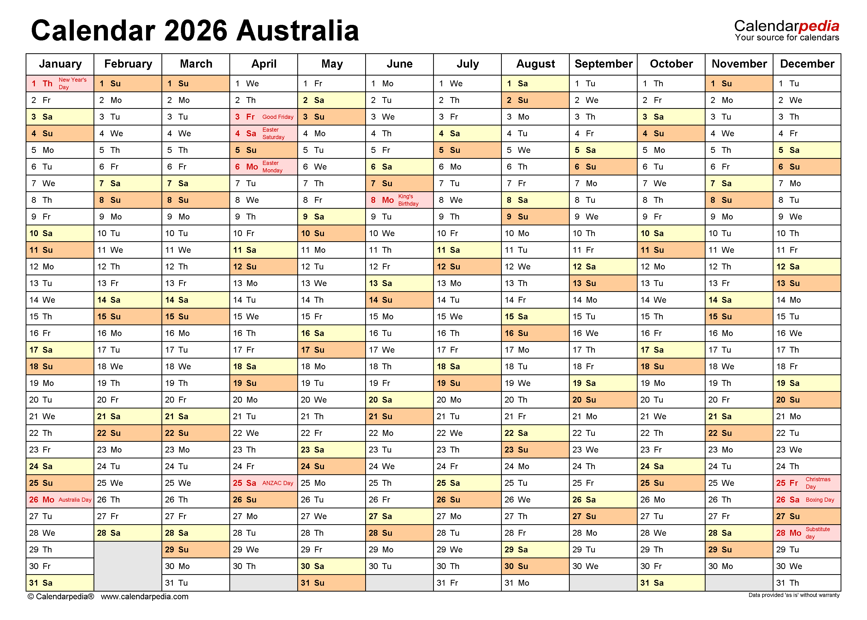  Australia Calendar 2026 - Free Printable PDF templates Bildidee 