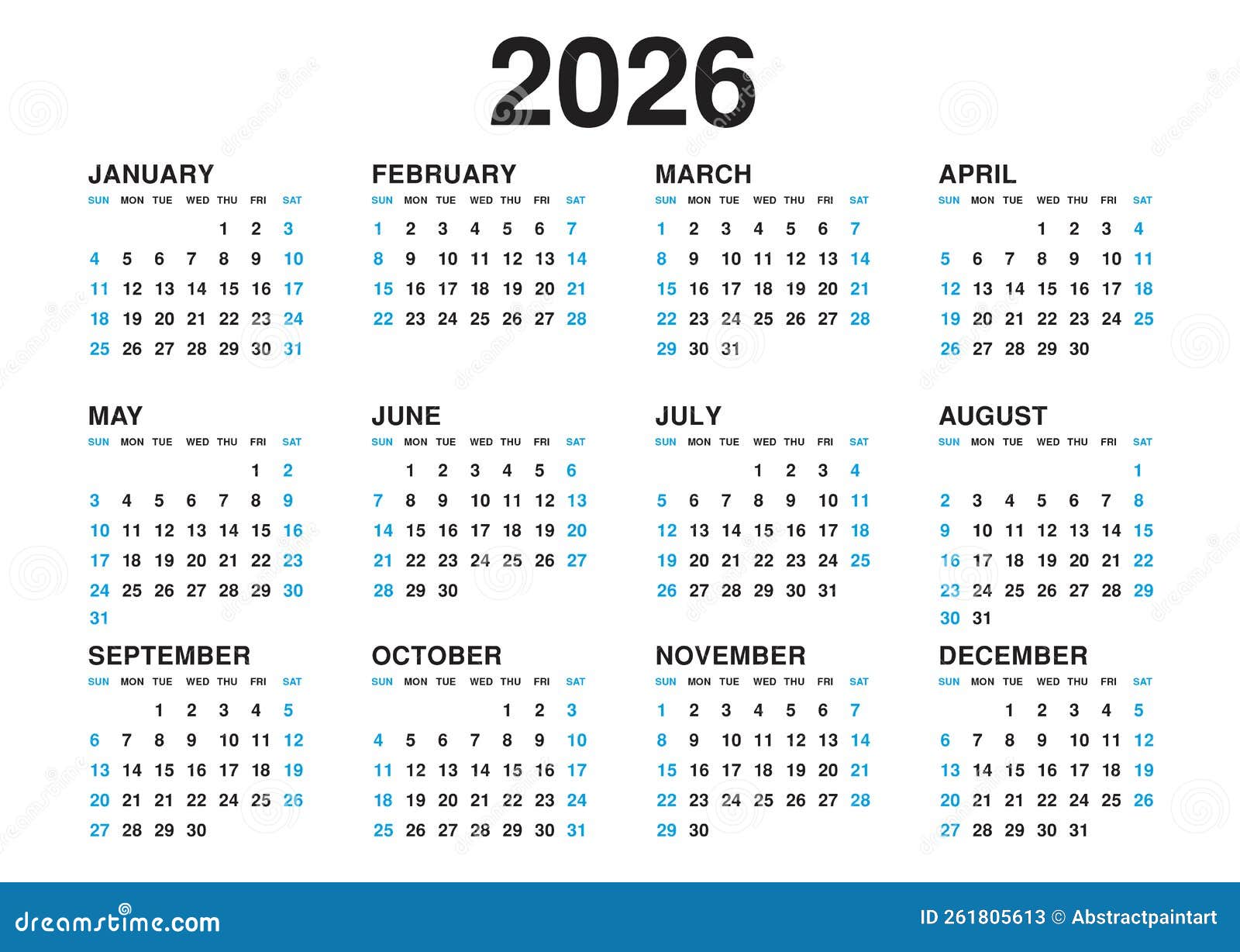  Calendar 2026 Template Vector, Simple Minimal Design, Planner 2026 Year Illustration 
