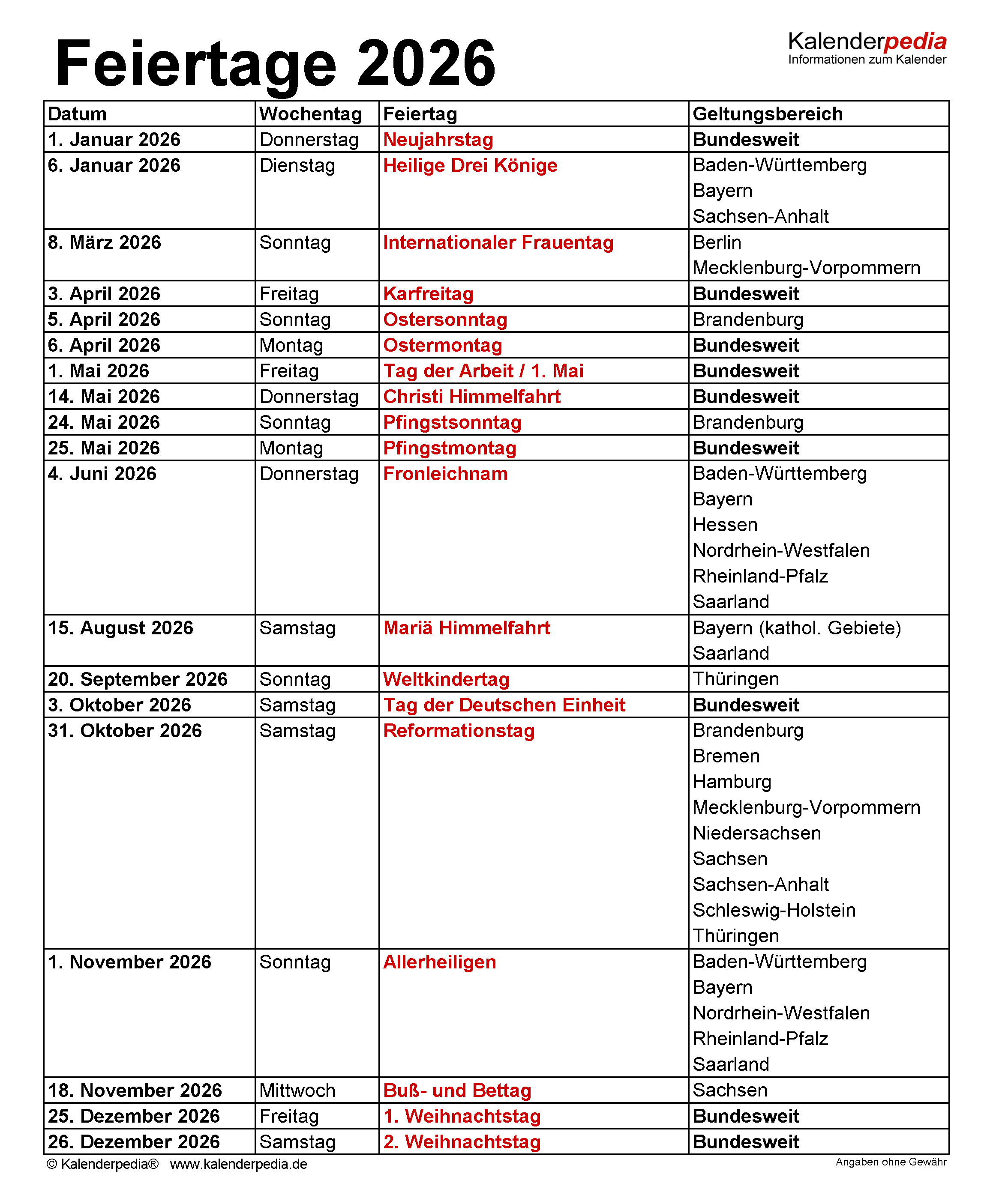 Feiertage 2026 in Deutschland mit druckbaren Vorlagen Motiv 