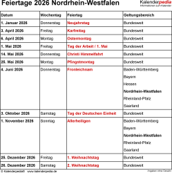  Feiertage Nordrhein-Westfalen (NRW) 2026 - Kalenderpedia Bildidee 