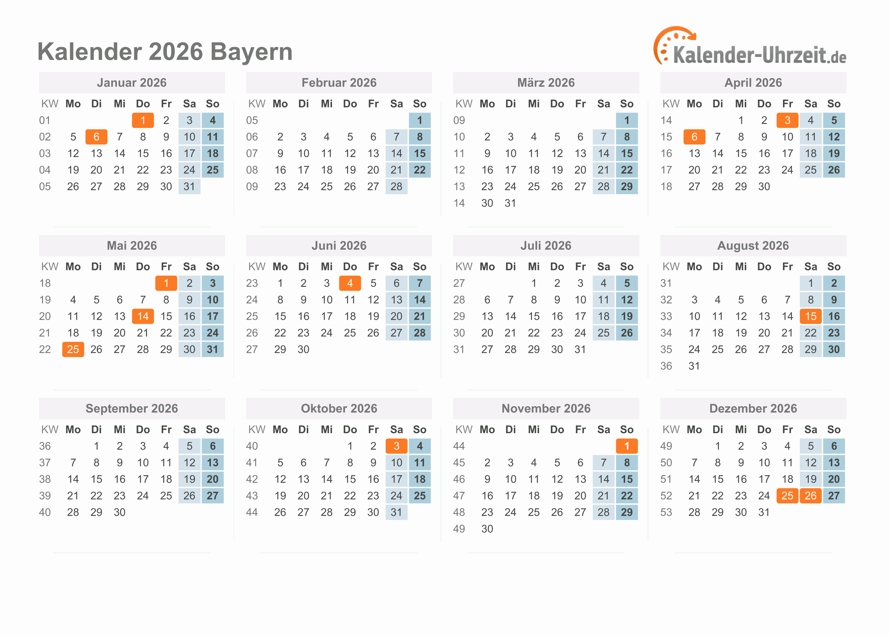  Feiertage 2026 Bayern + Kalender Illustration 