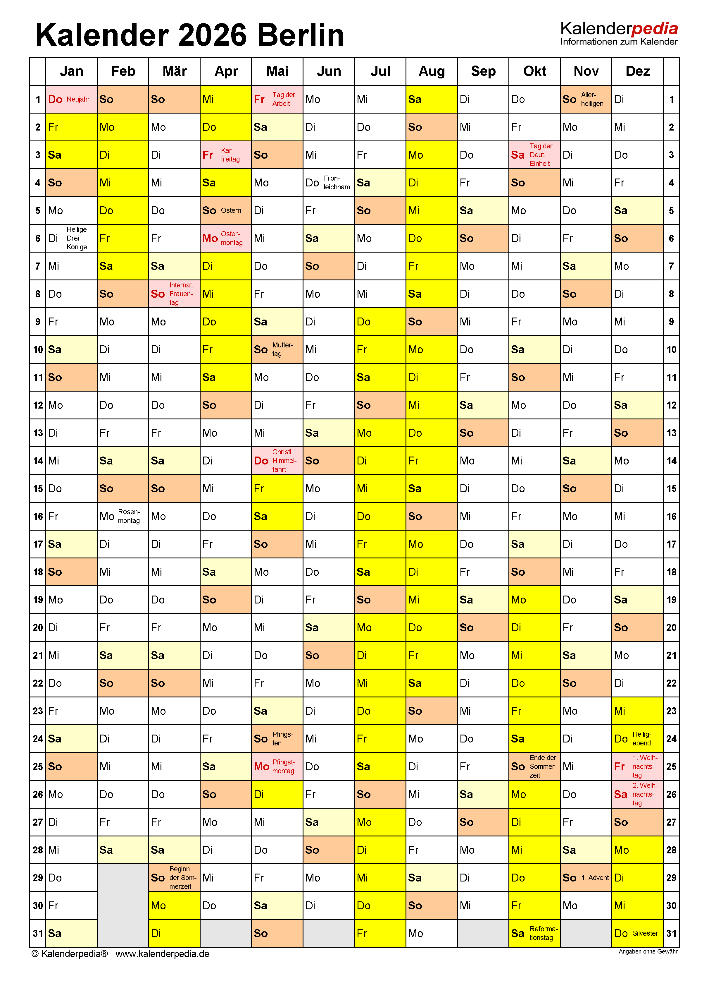  Kalender 2026 Berlin: Ferien, Feiertage, PDF-Vorlagen Illustration 