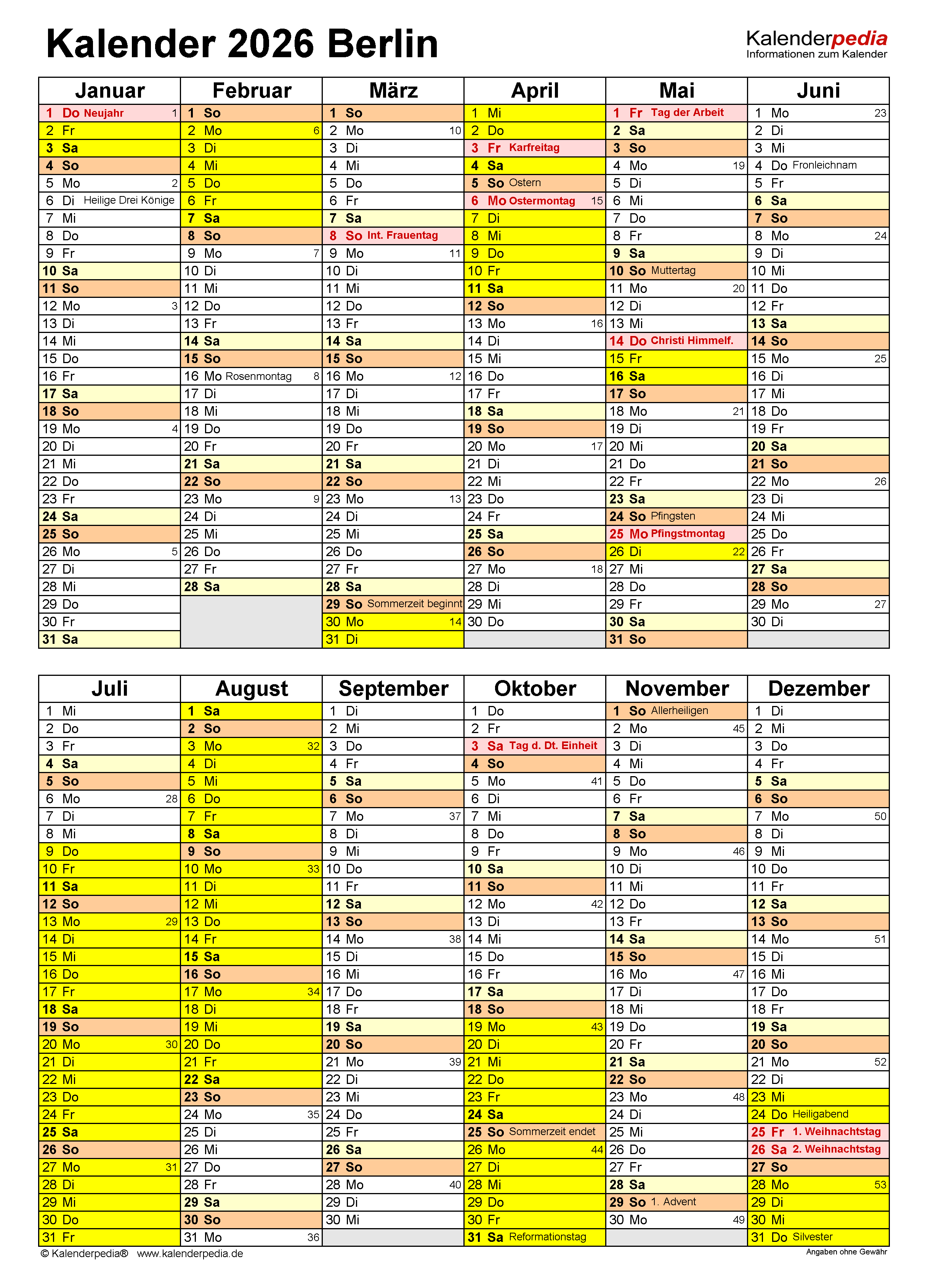 Kalender 2026 Berlin: Ferien, Feiertage, Excel-Vorlagen