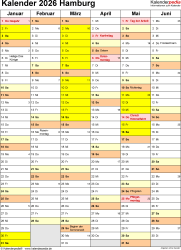  Kalender 2026 Hamburg: Ferien, Feiertage, PDF-Vorlagen Illustration 