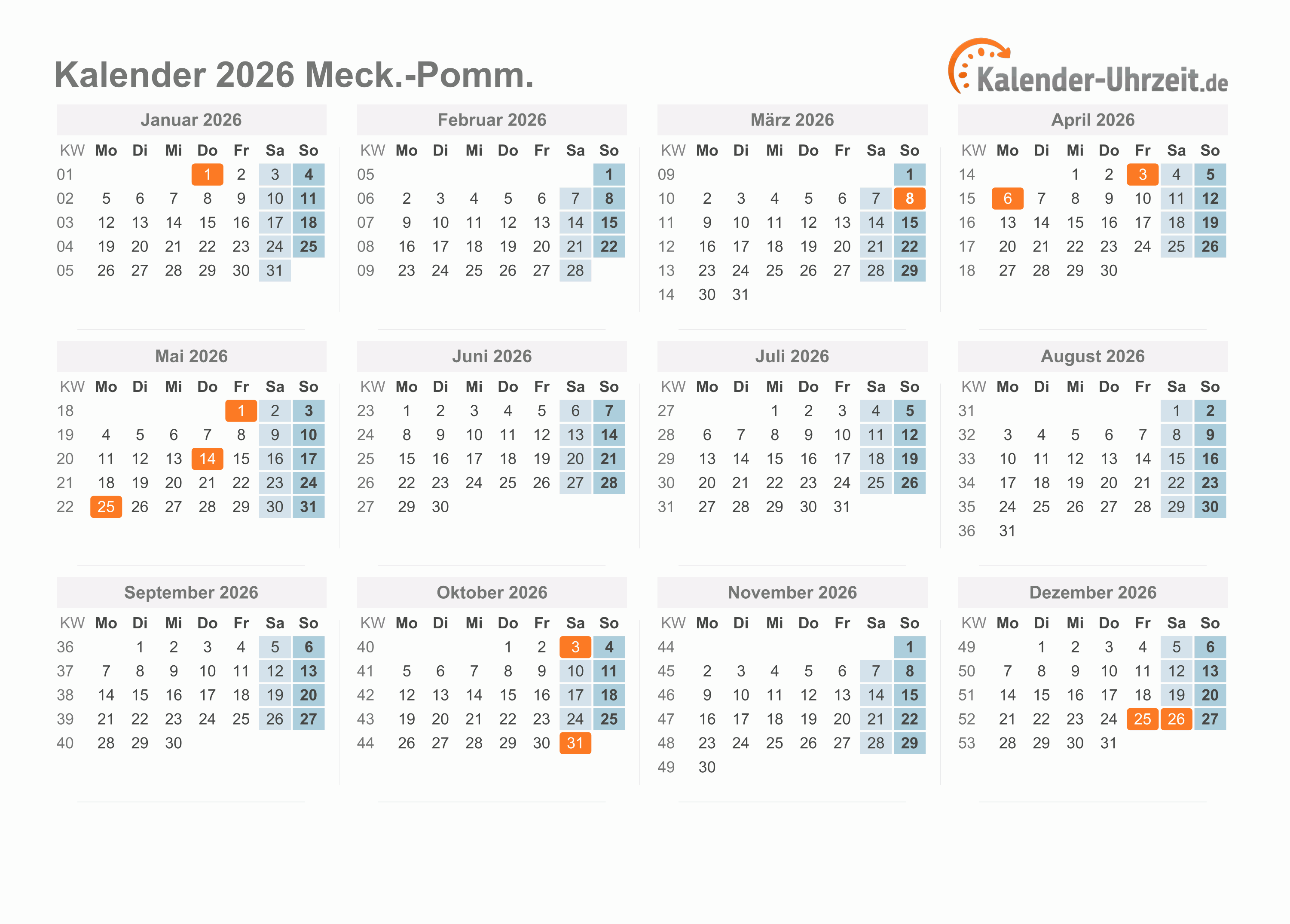  Feiertage 2026 Meck.-Pomm. + Kalender Bildidee 