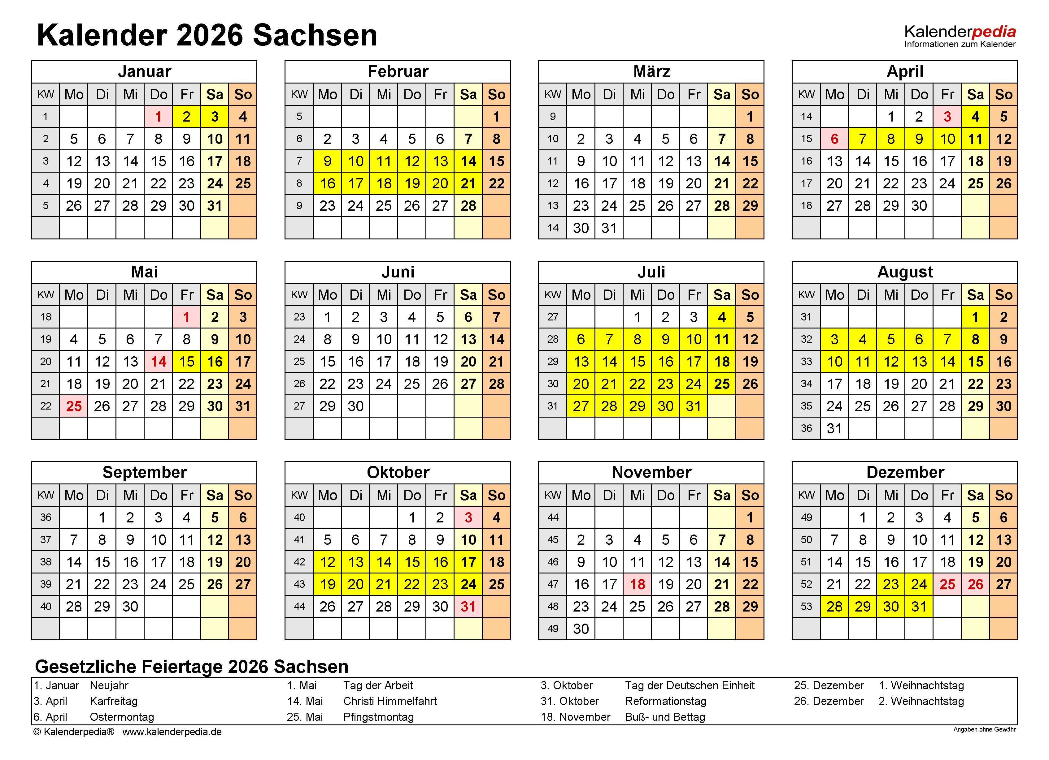  Kalender 2026 Sachsen: Ferien, Feiertage, Excel-Vorlagen Motiv 