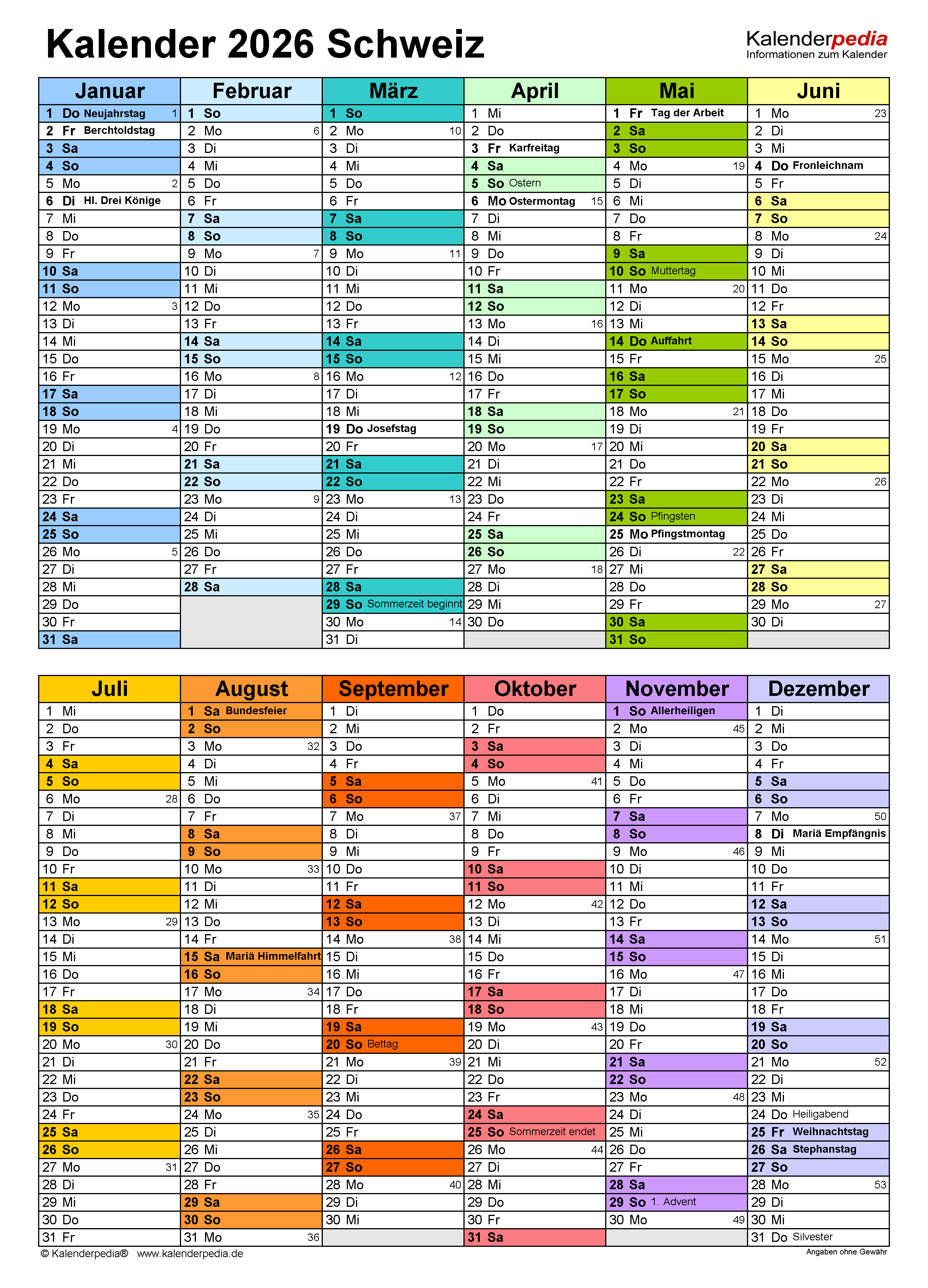  Kalender 2026 Schweiz zum Ausdrucken als PDF Motiv 