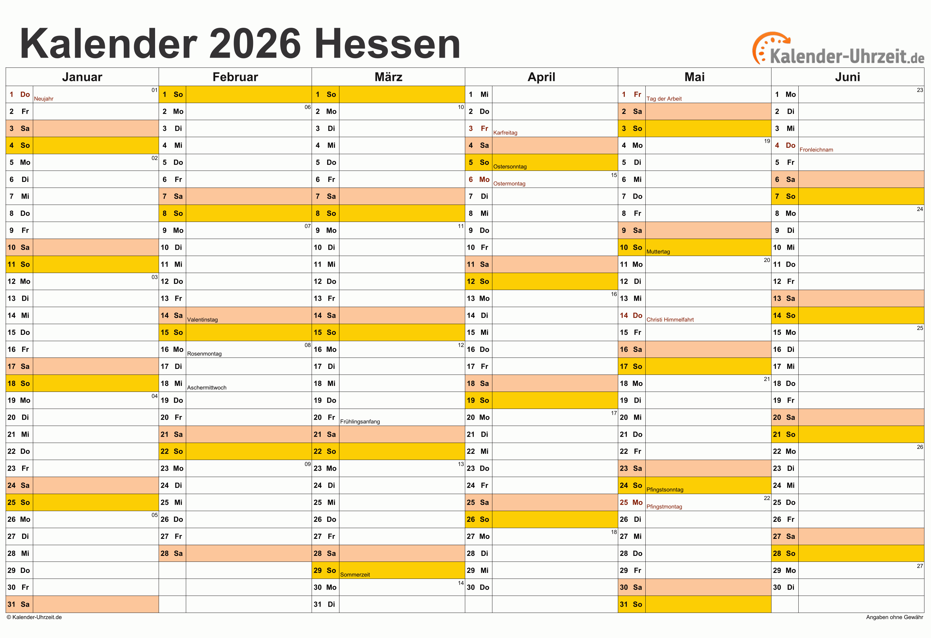  Feiertage 2026 Hessen + Kalender Illustration 