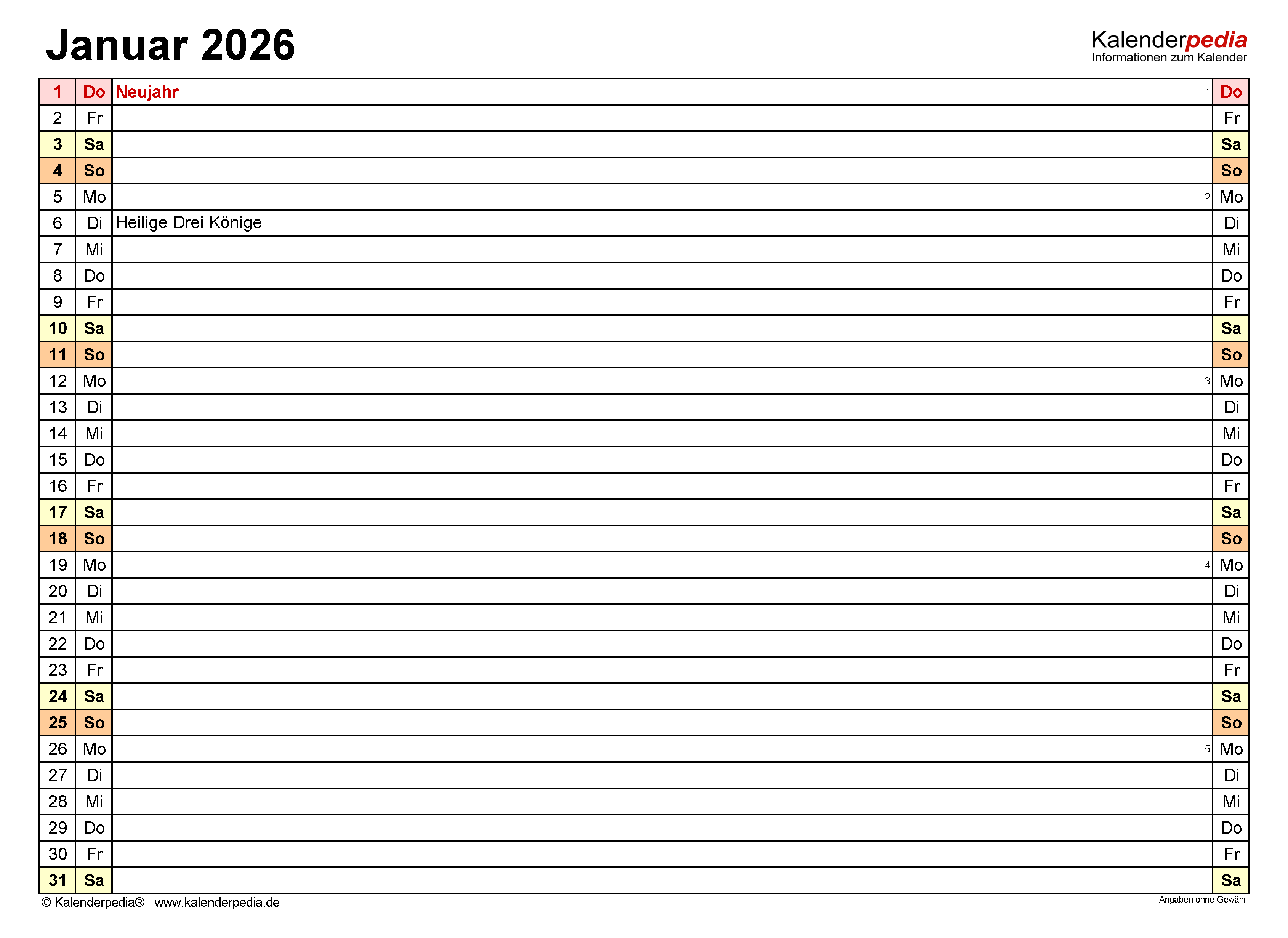  Kalender Januar 2026 als PDF-Vorlagen Bildidee 