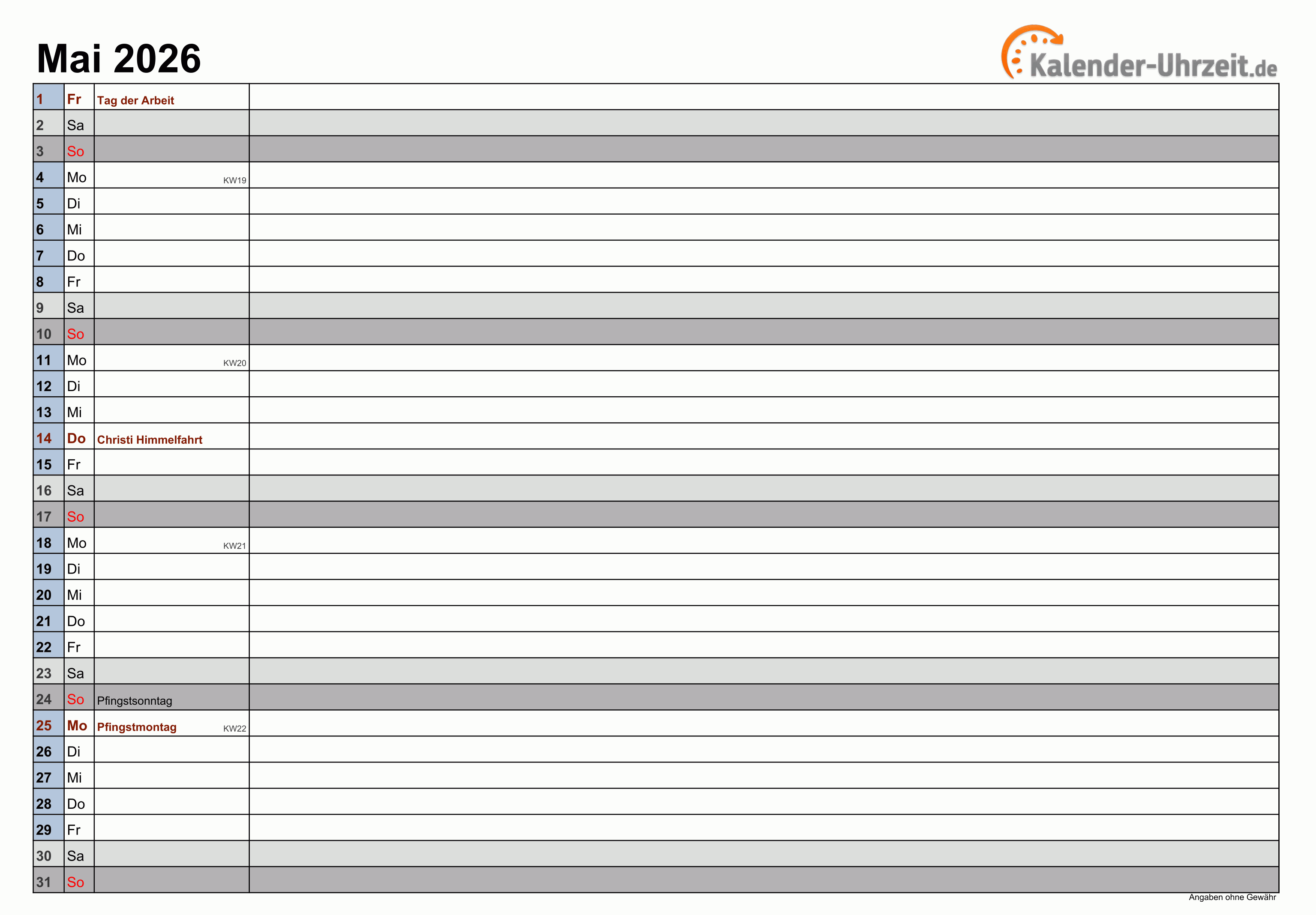  Mai 2026 Kalender mit Feiertagen Motiv 