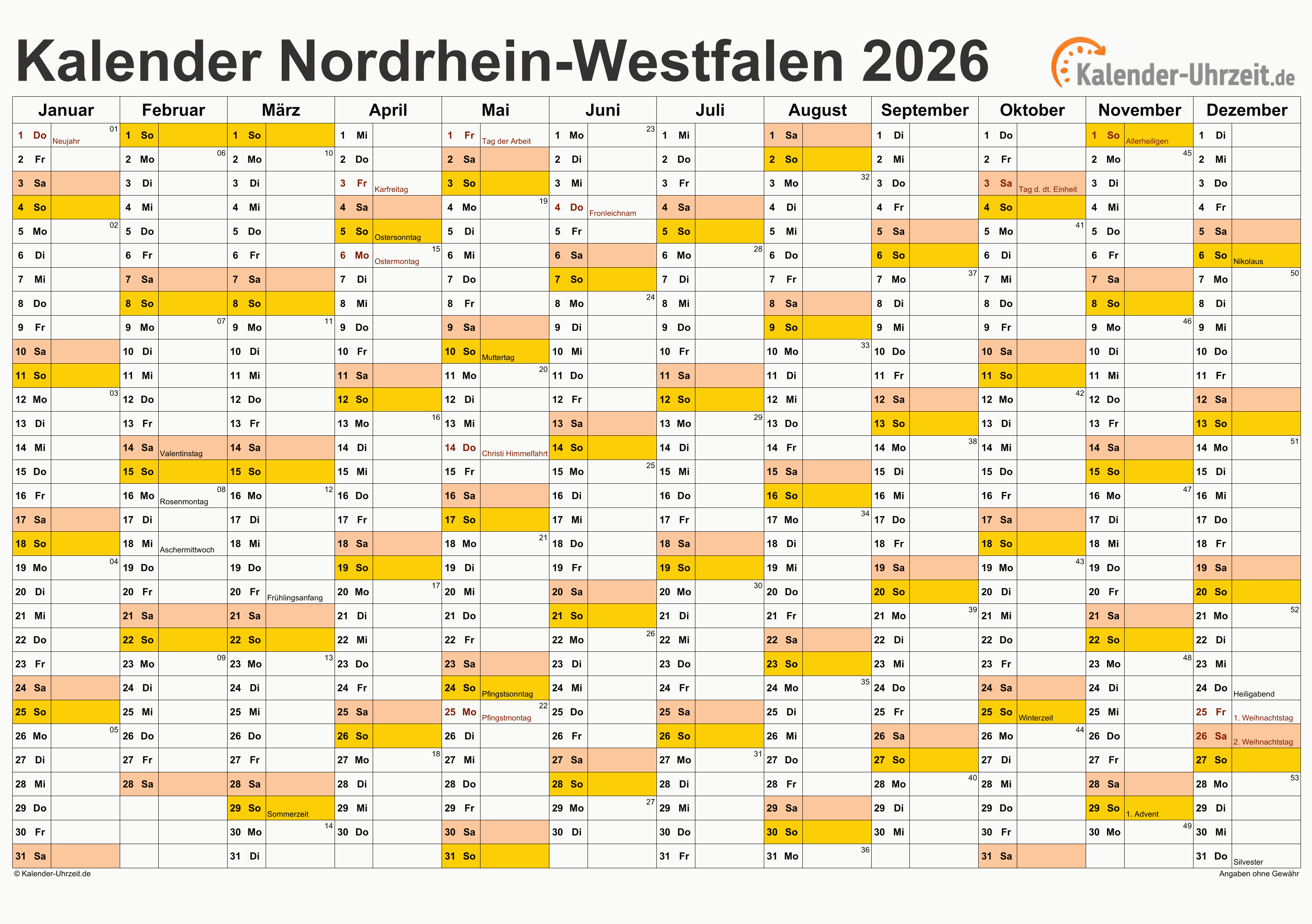  Feiertage 2026 Nordrhein-Westfalen + Kalender Bildidee 