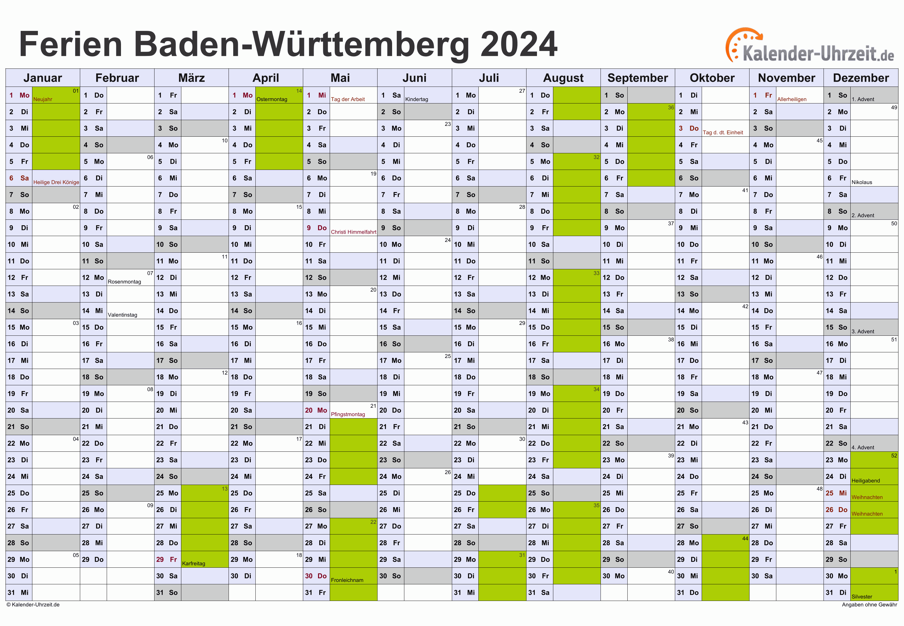  Ferien Baden-Württemberg 2024 - Ferienkalender zum Ausdrucken Bildidee 