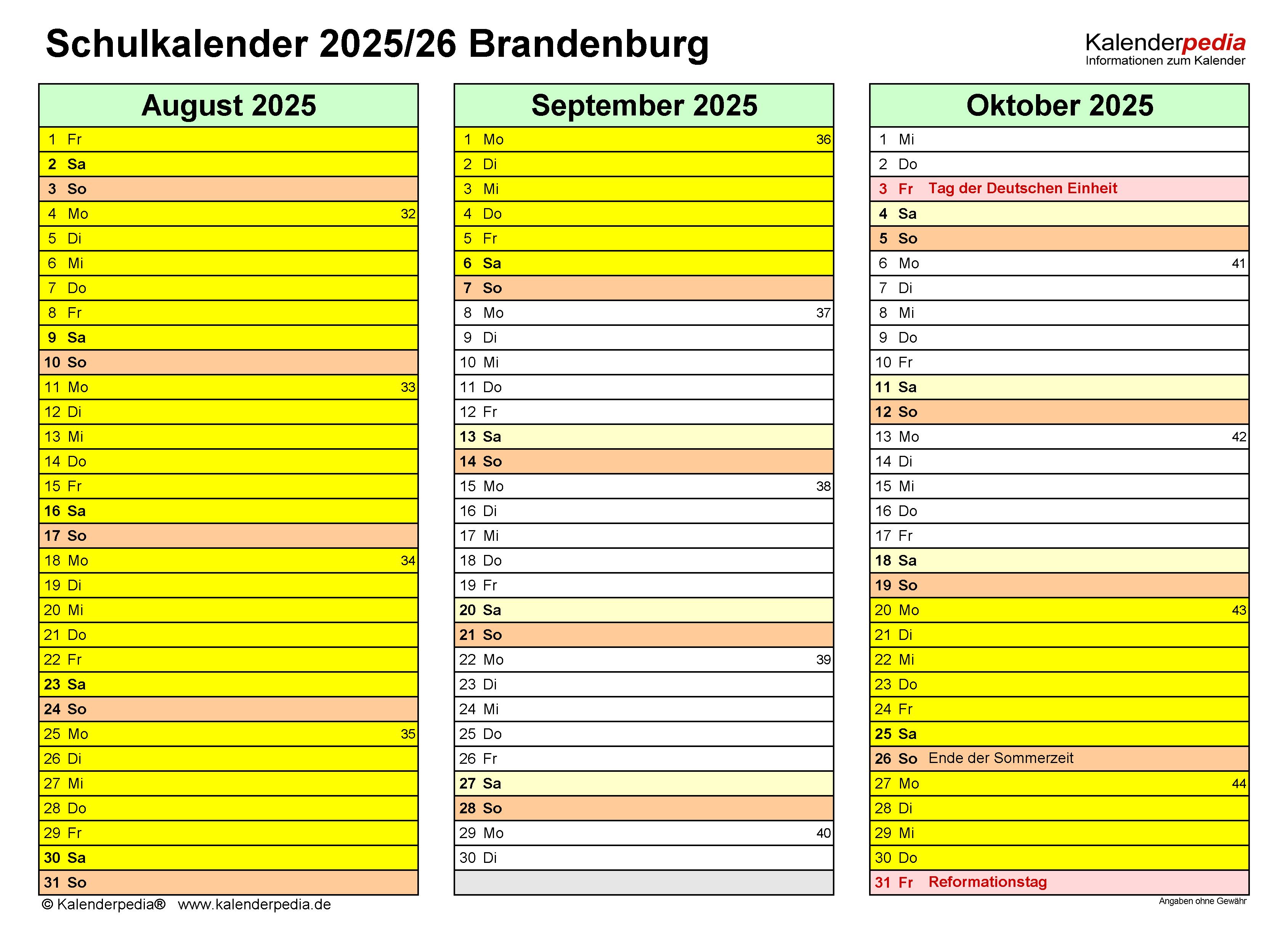  Schulkalender 2025/2026 Brandenburg für Excel 